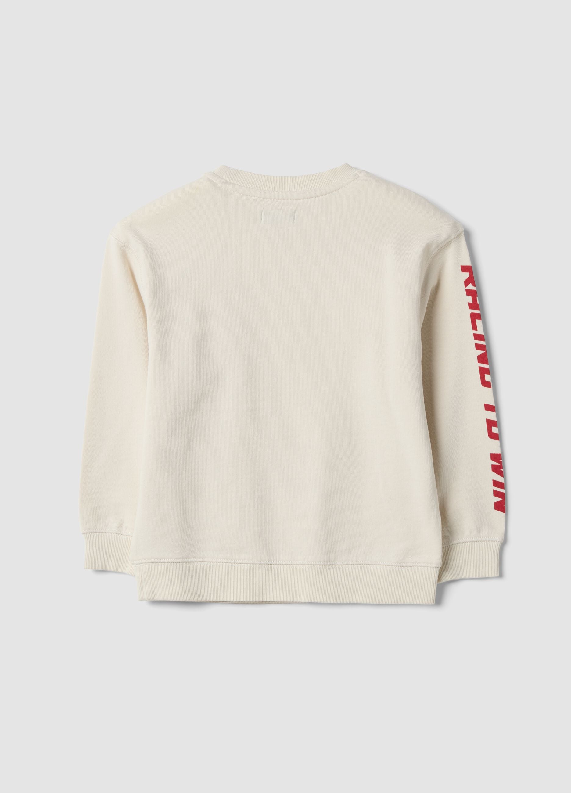 White 100% cotton crew-neck sweatshirt with racing print, oversized fit