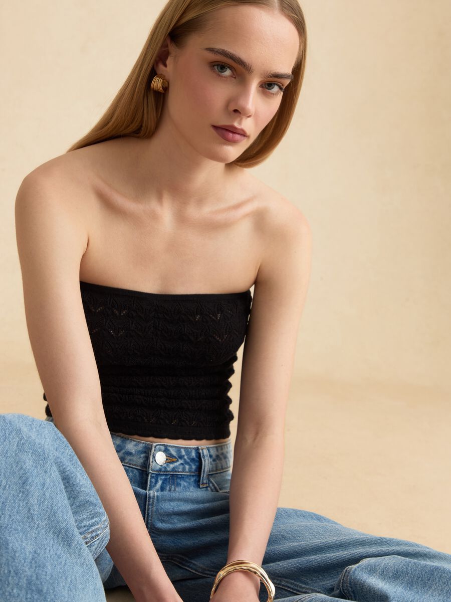 Black pure cotton bandeau knit top_0