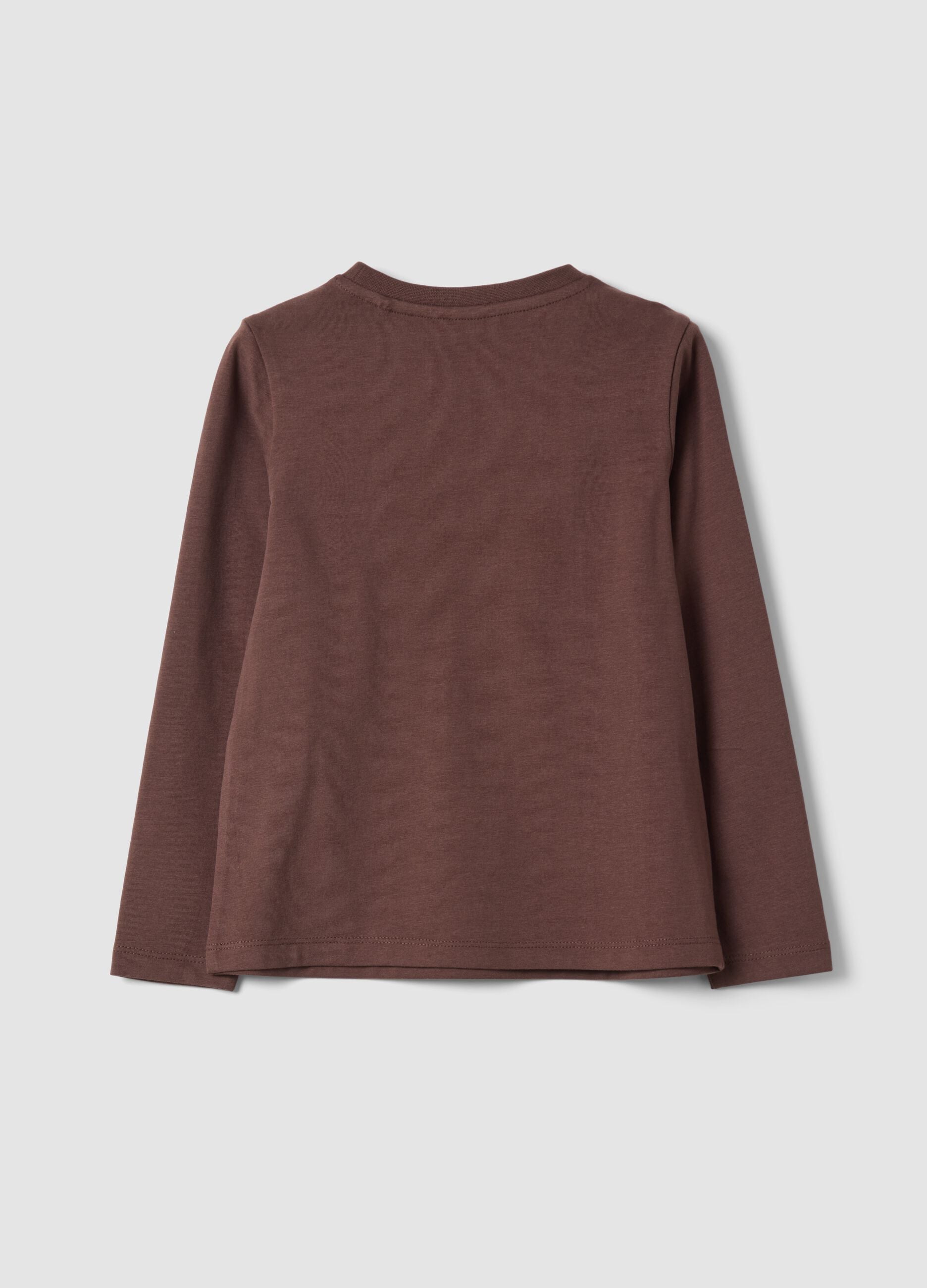 Brown long-sleeve organic stretch cotton crew-neck T-shirt