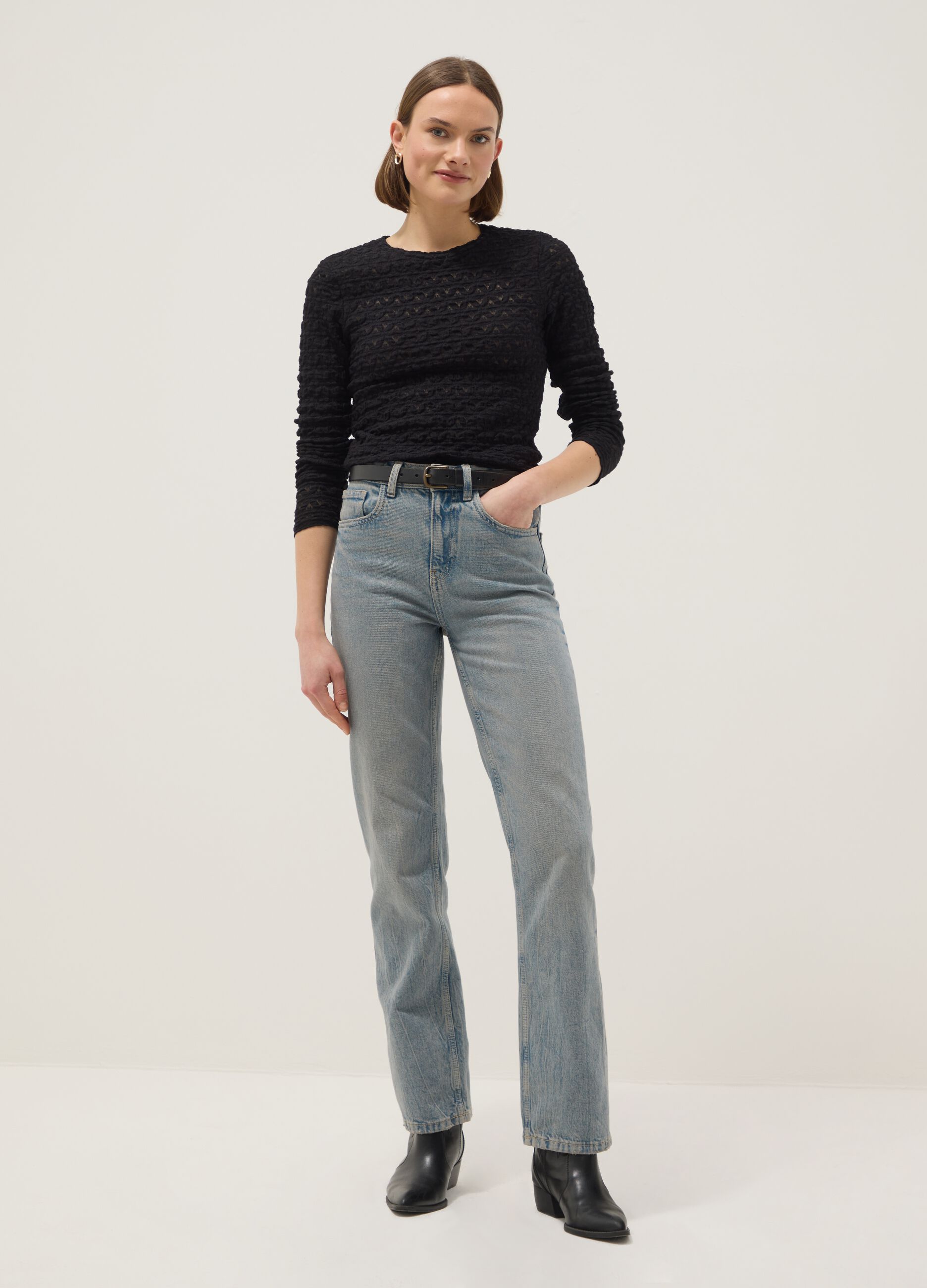 Black regular-fit cotton and viscose blend sweater with knitted texture