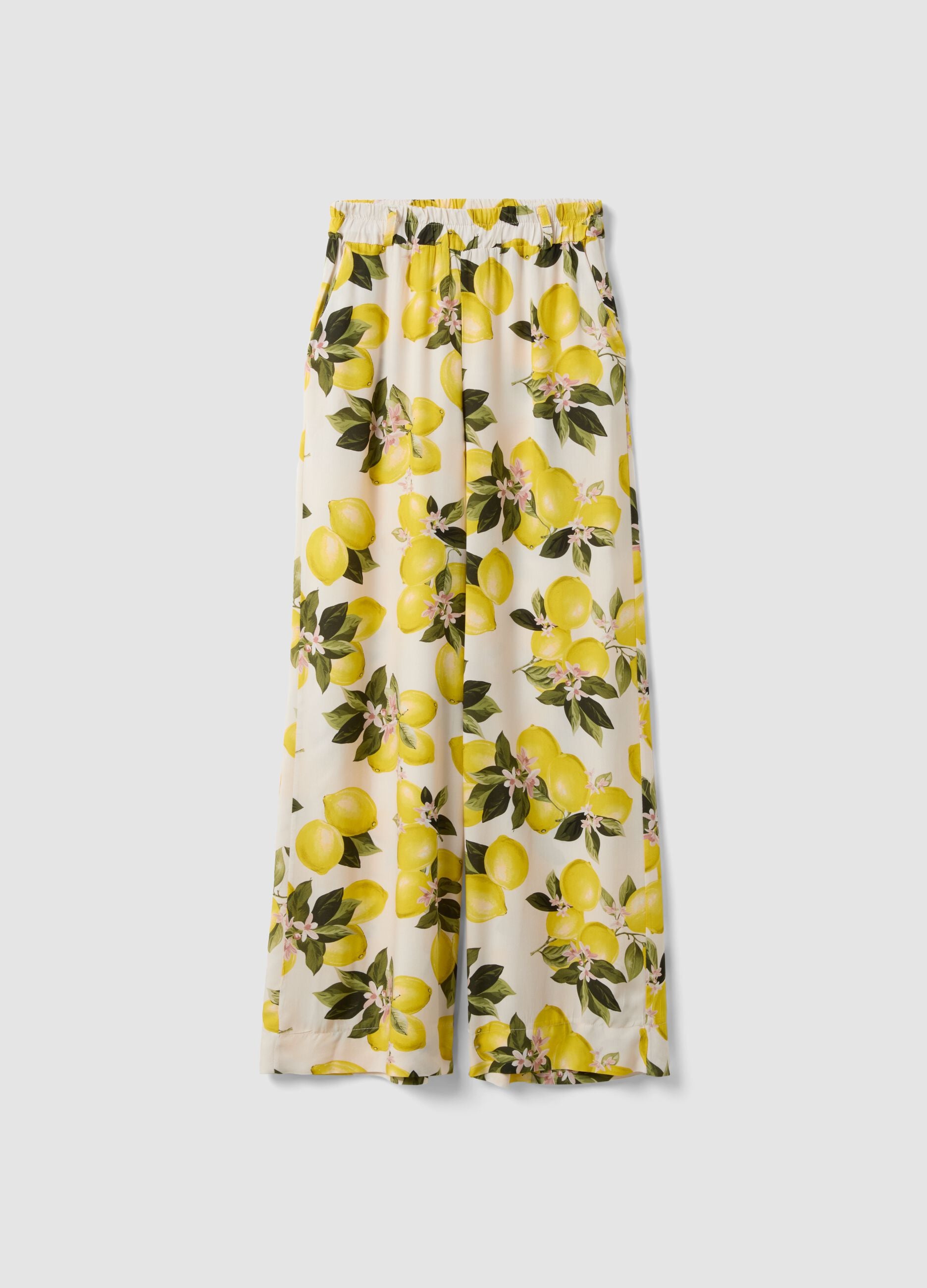 White pure viscose trousers with lemon print, regular fit
