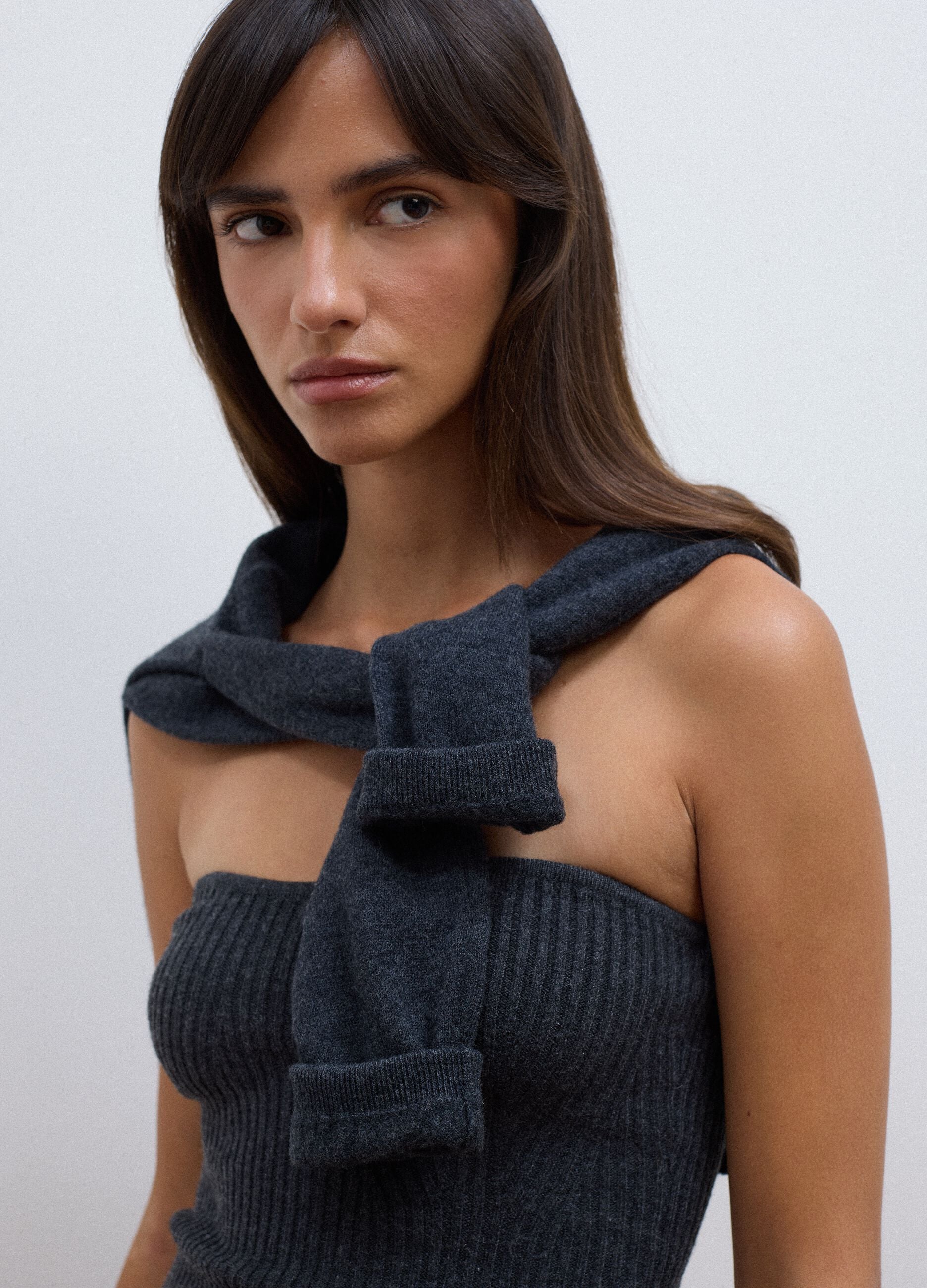 Grey rib-knit bandeau top in wool blend