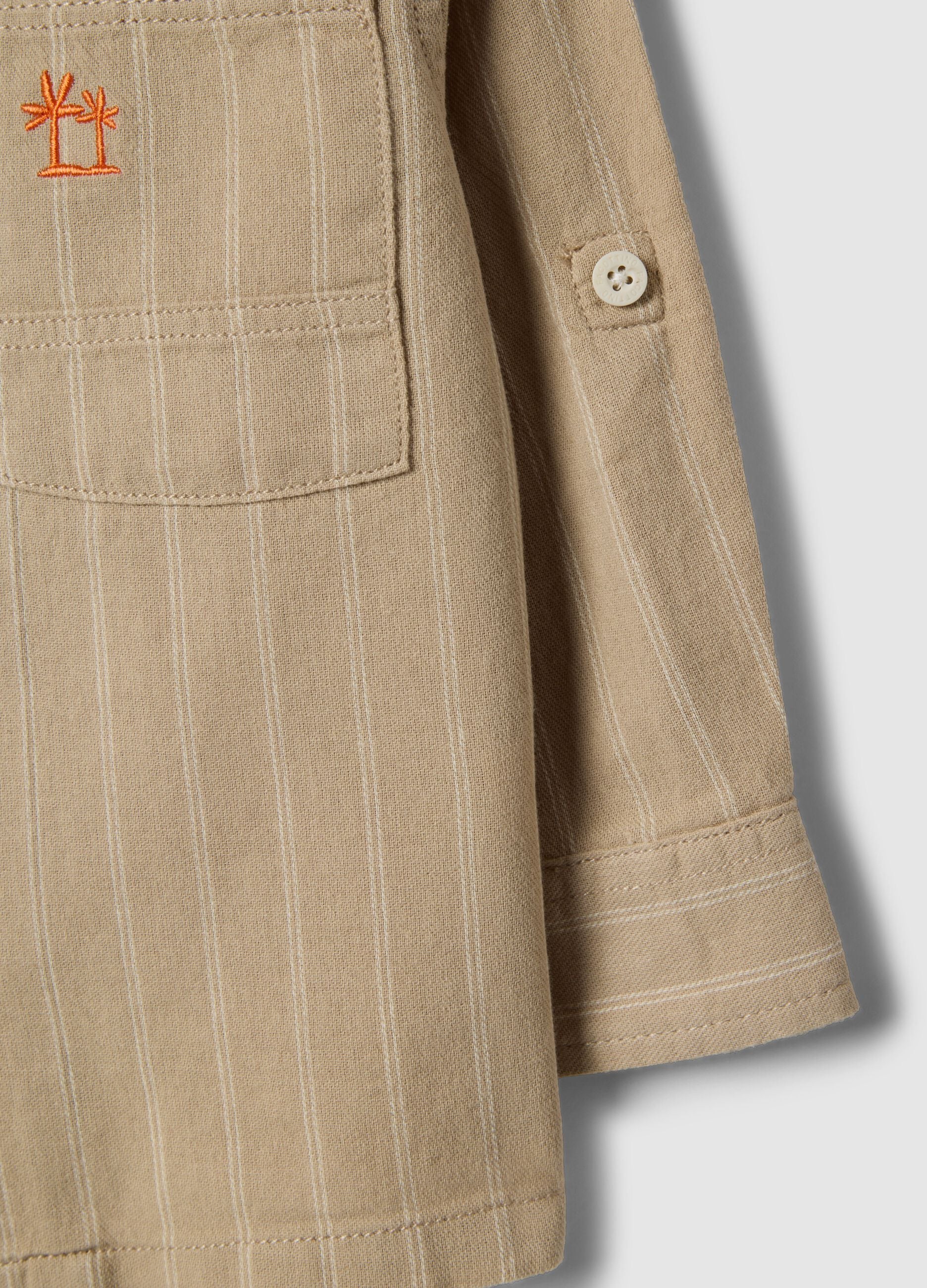 Oversized fit striped beige pure cotton shirt with buttons for boys