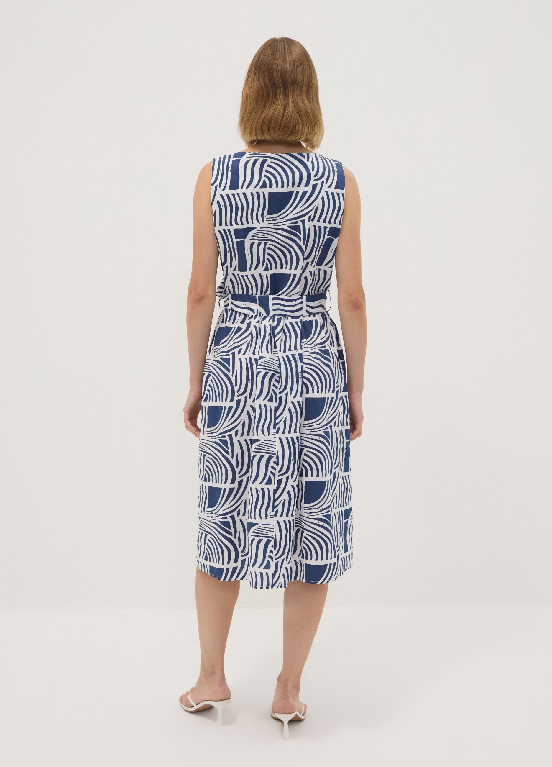 Blue pure cotton dress with print and matching belt, regular fit