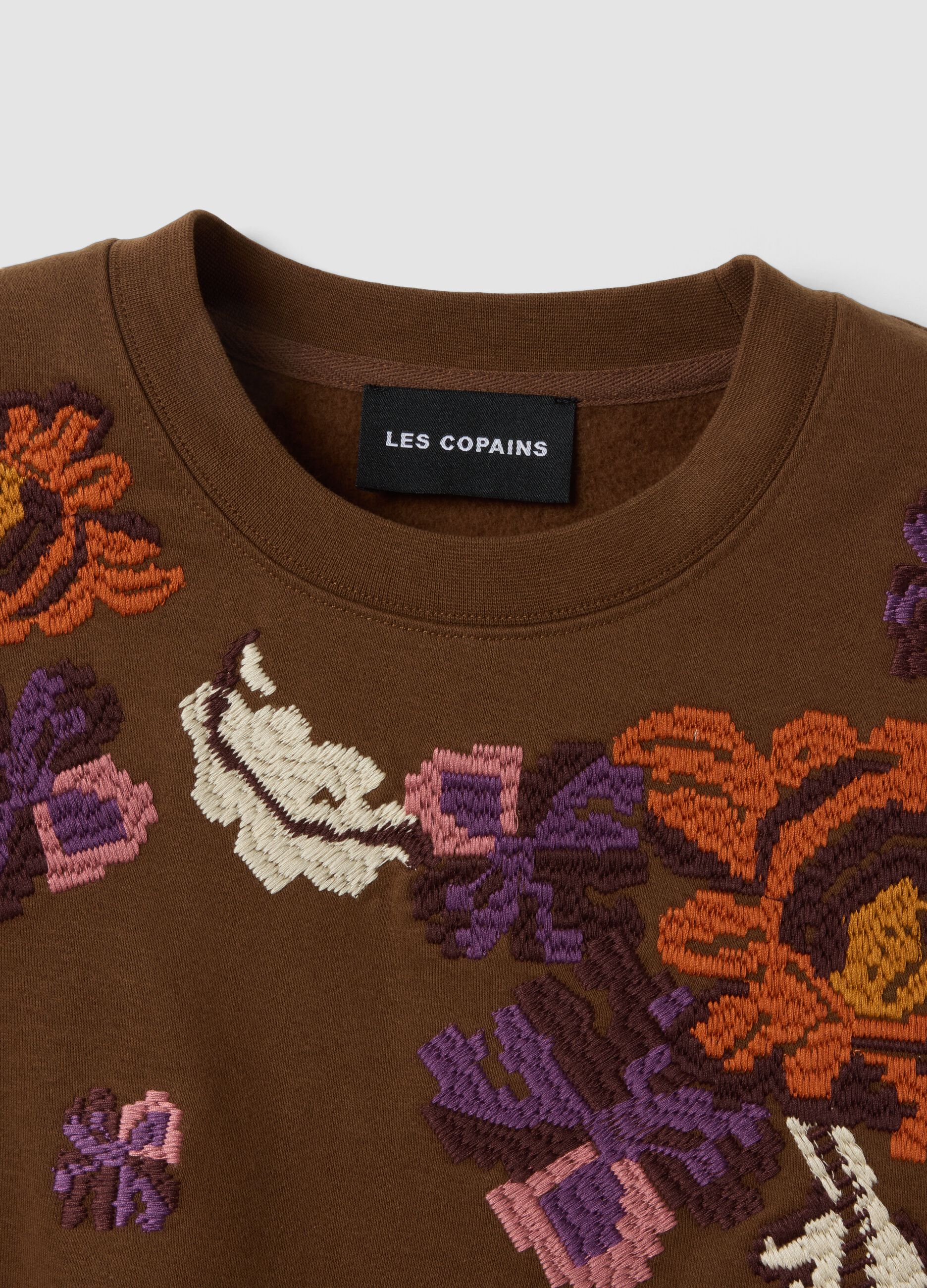 Brown cotton-blend crew-neck sweatshirt with floral pattern
