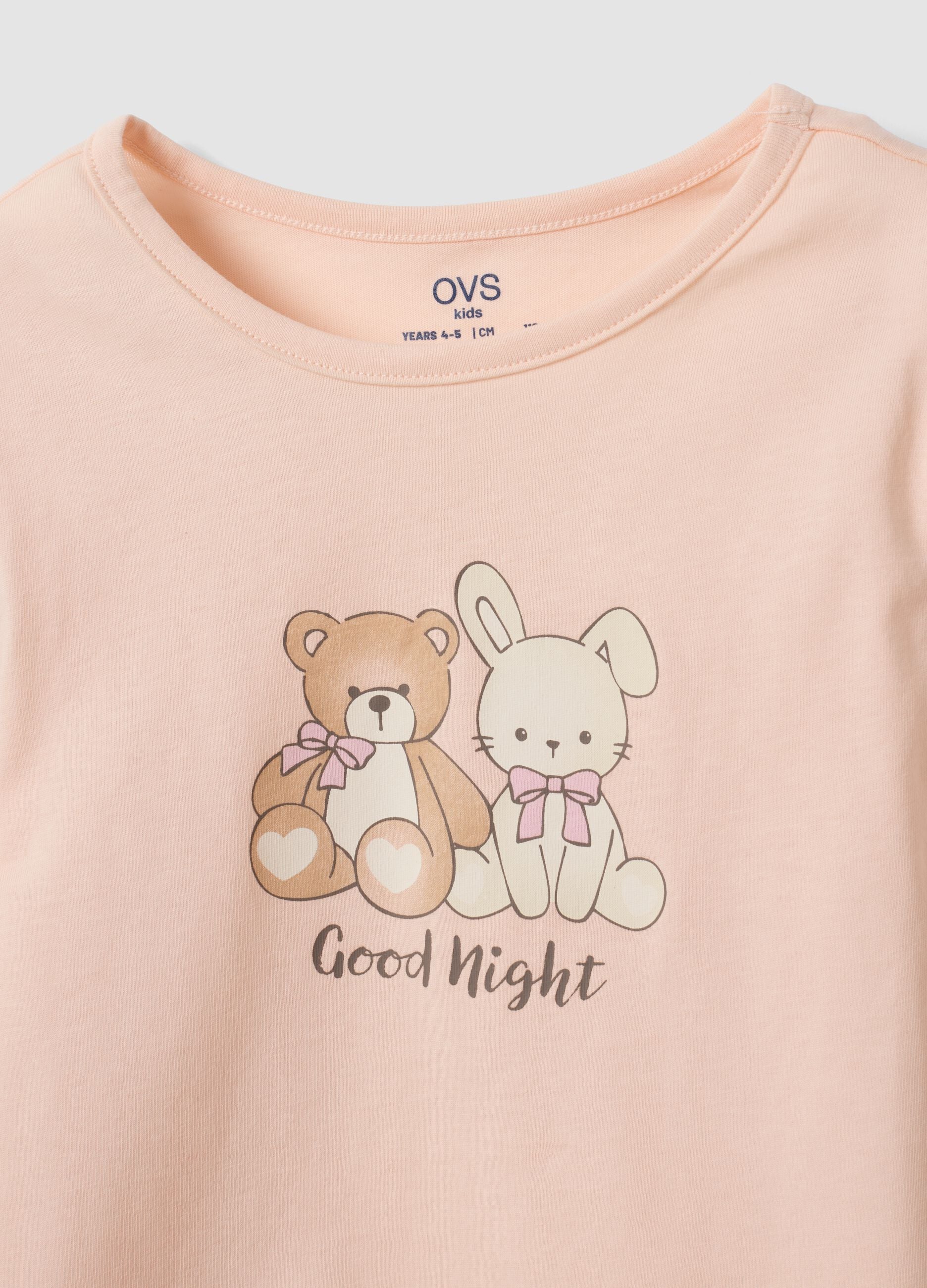 Pink organic cotton pyjamas with crew neck and cute animal print