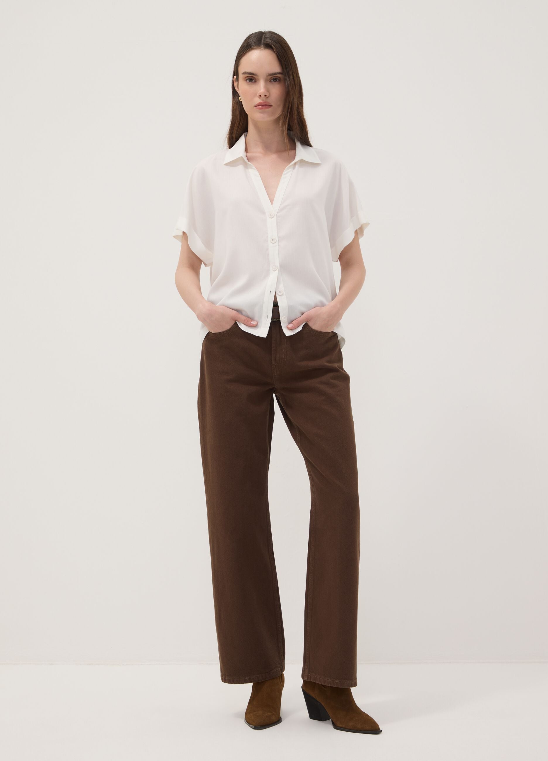Brown straight-fit pure cotton jeans