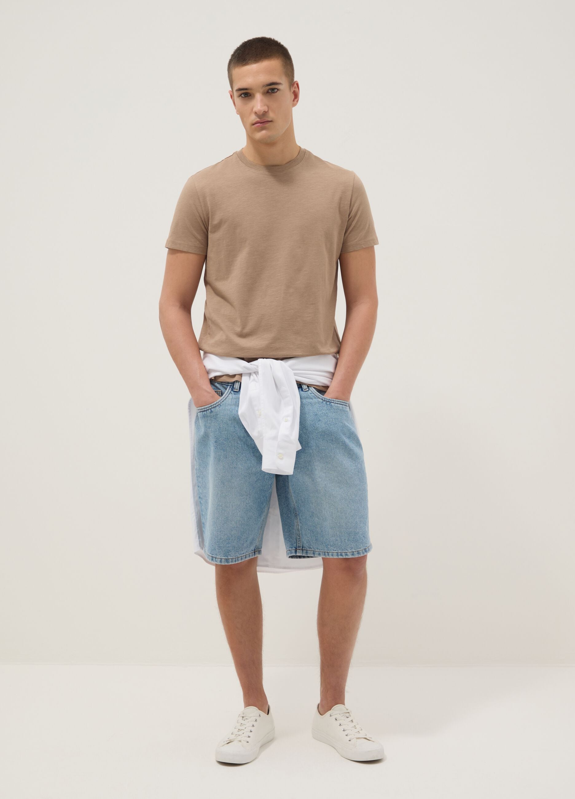 Beige short sleeve regular fit pure cotton t-shirt