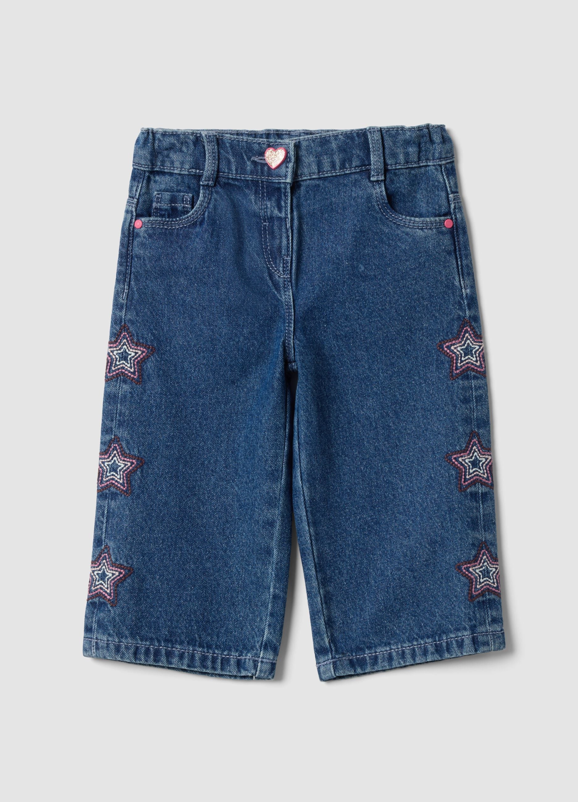 Blue wide-leg pure cotton jeans with embroidered stars for baby girl