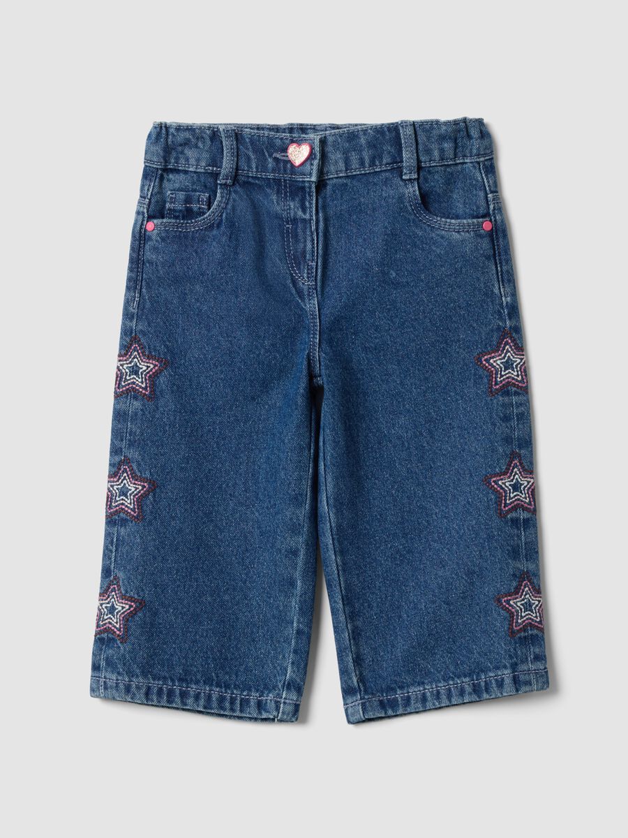 Blue wide-leg pure cotton jeans with embroidered stars for baby girl_0