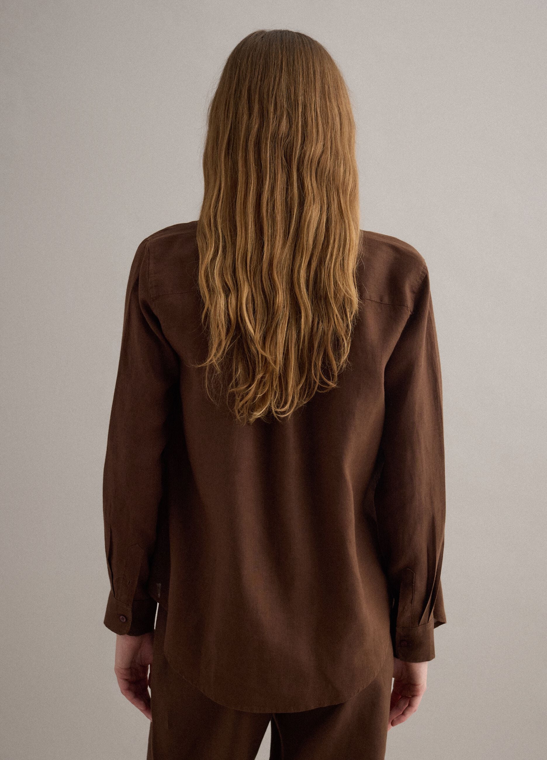 Brown pure linen regular fit shirt