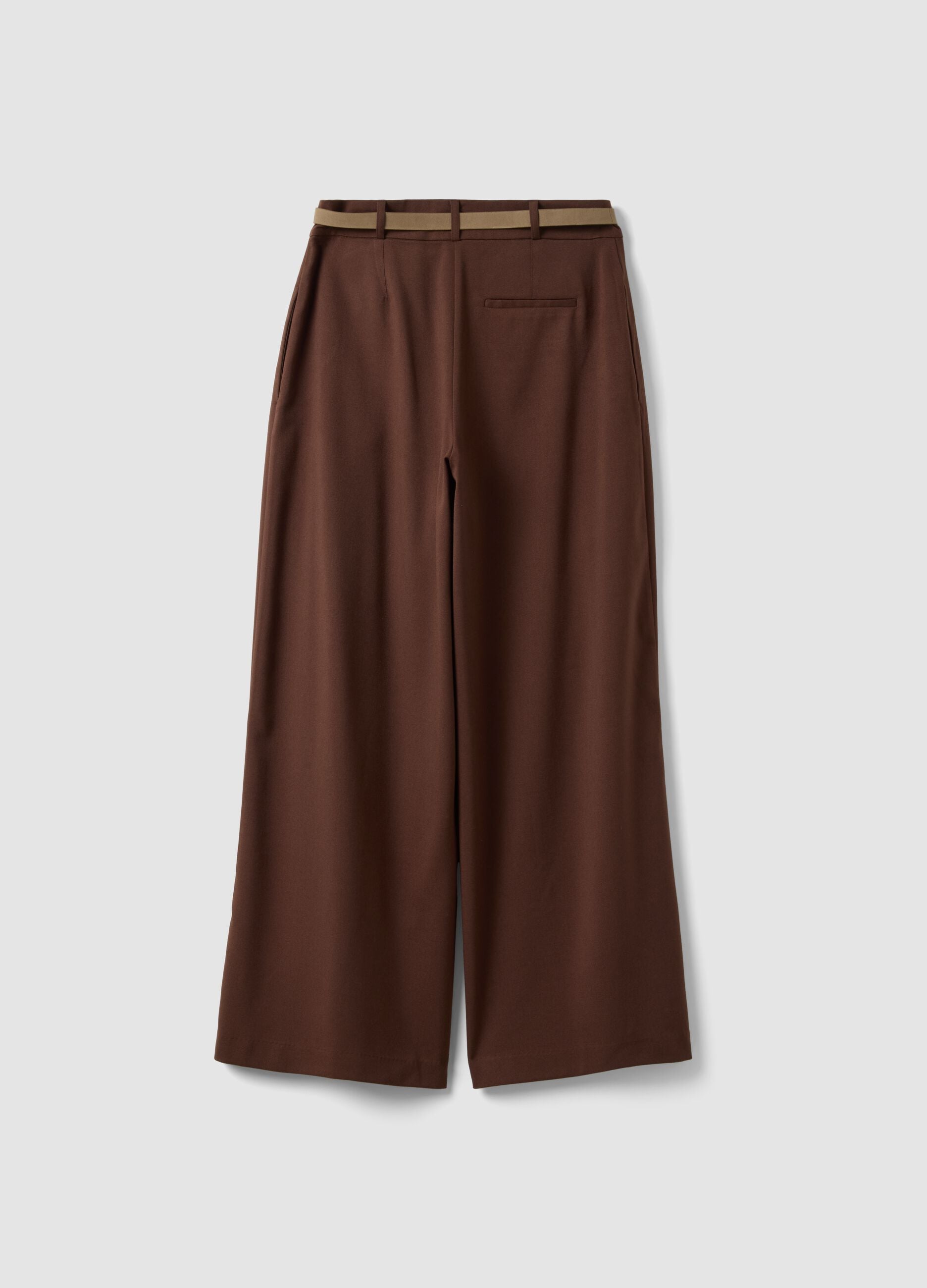 Brown wide-leg formal trousers in stretch viscose with belt