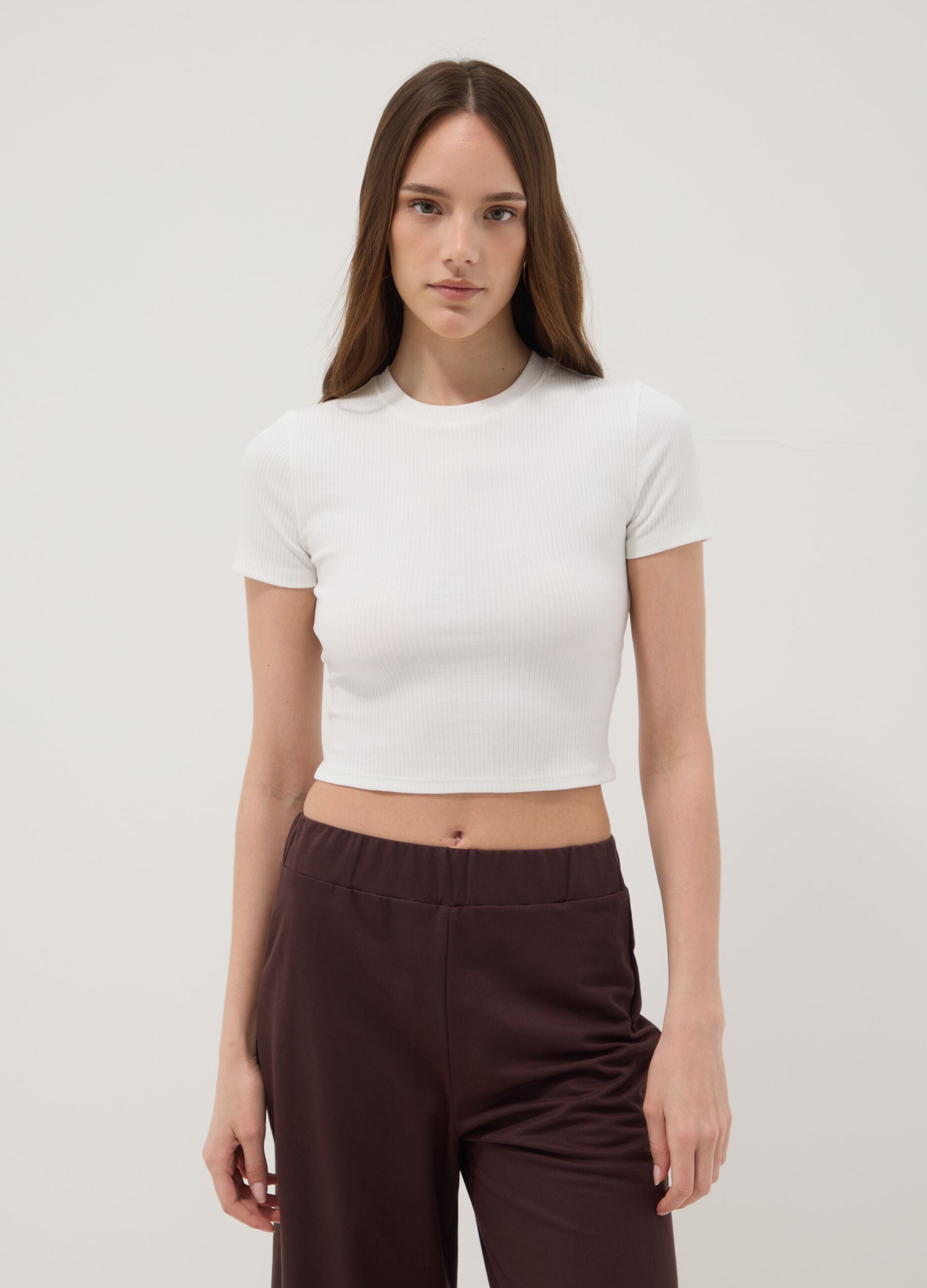 White ribbed fitted T-shirt in stretch cotton