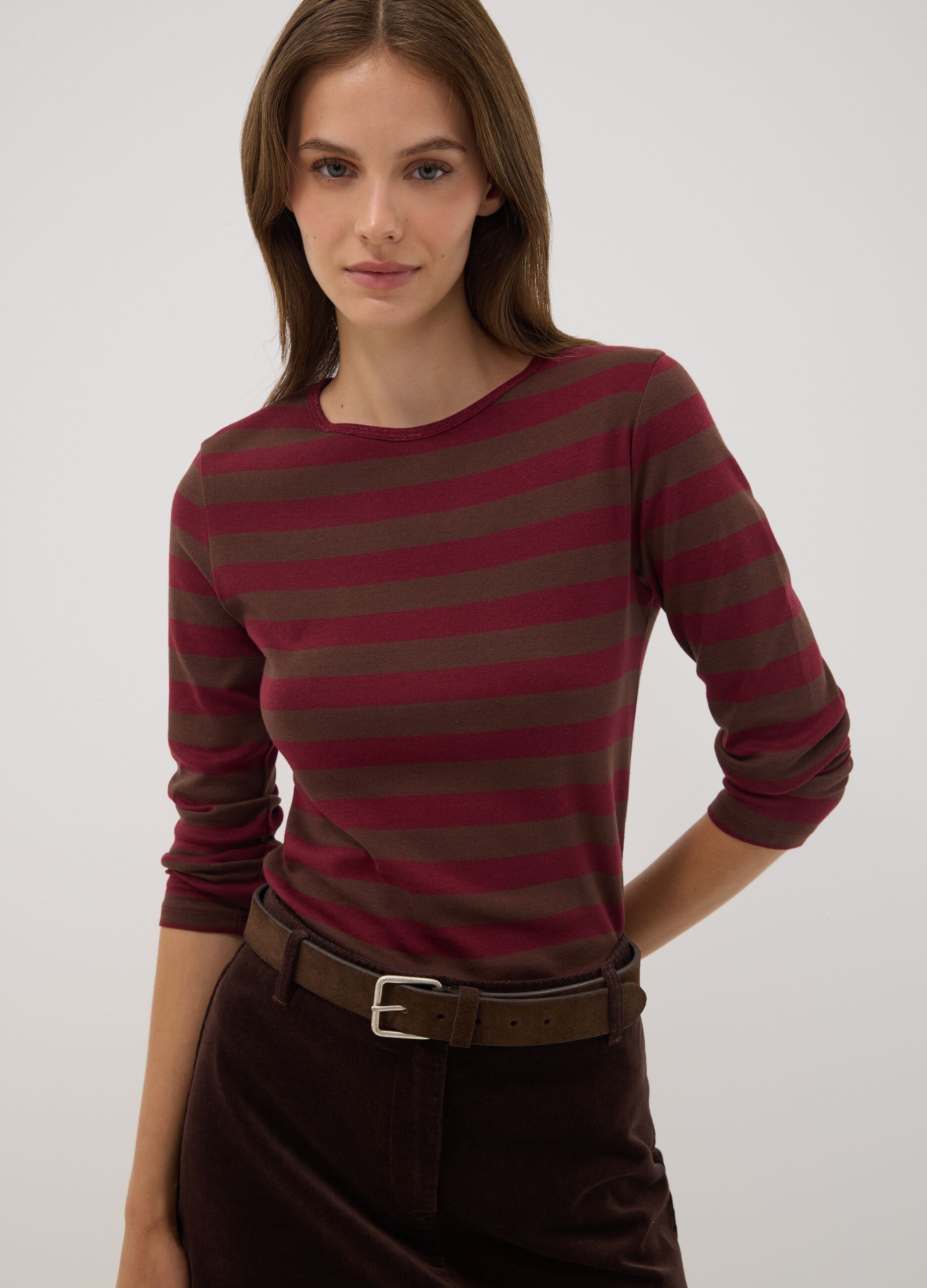Brown striped pure cotton crew-neck T-shirt