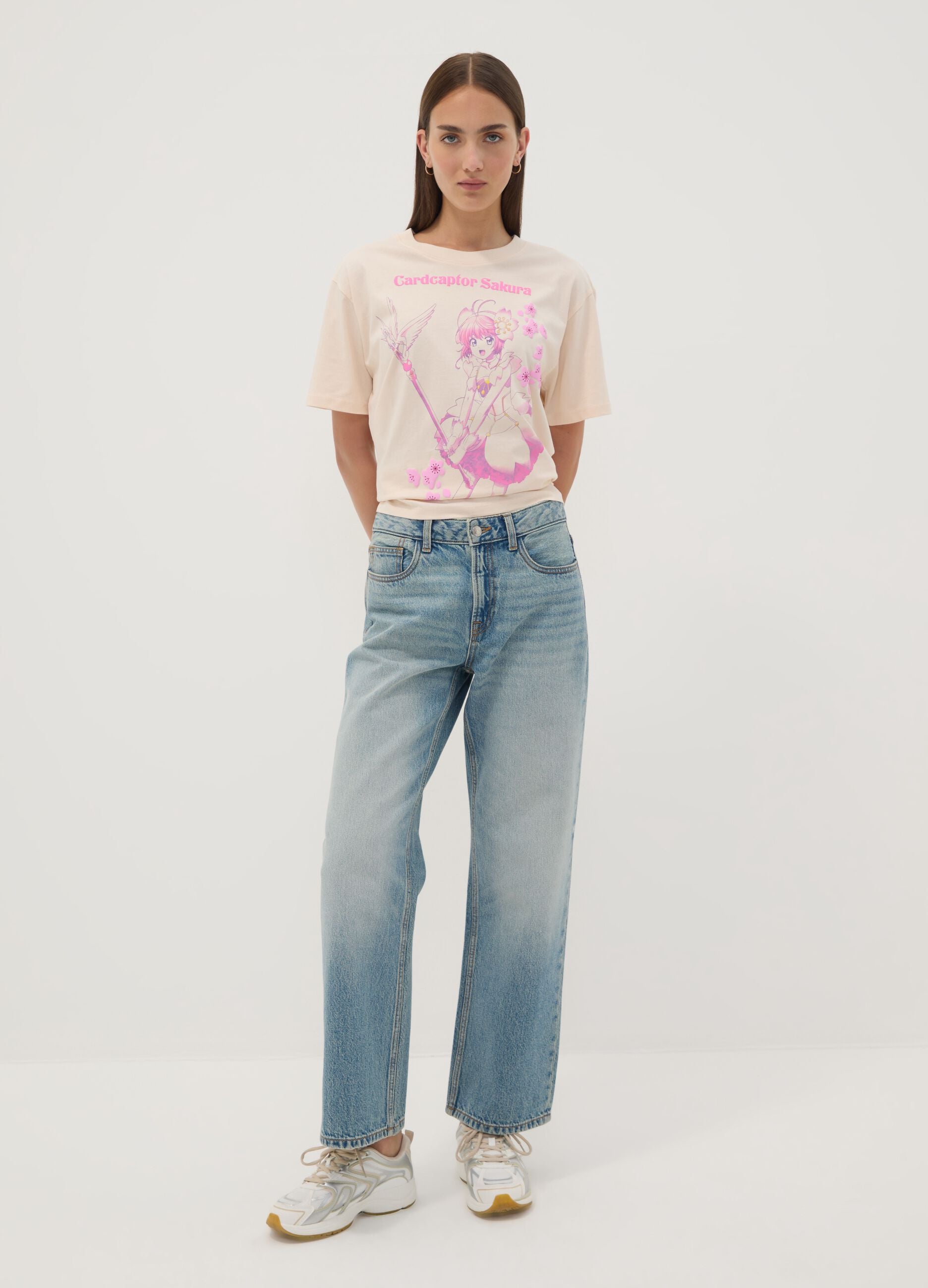 Pink pure cotton T-shirt with Sakura front print, regular fit