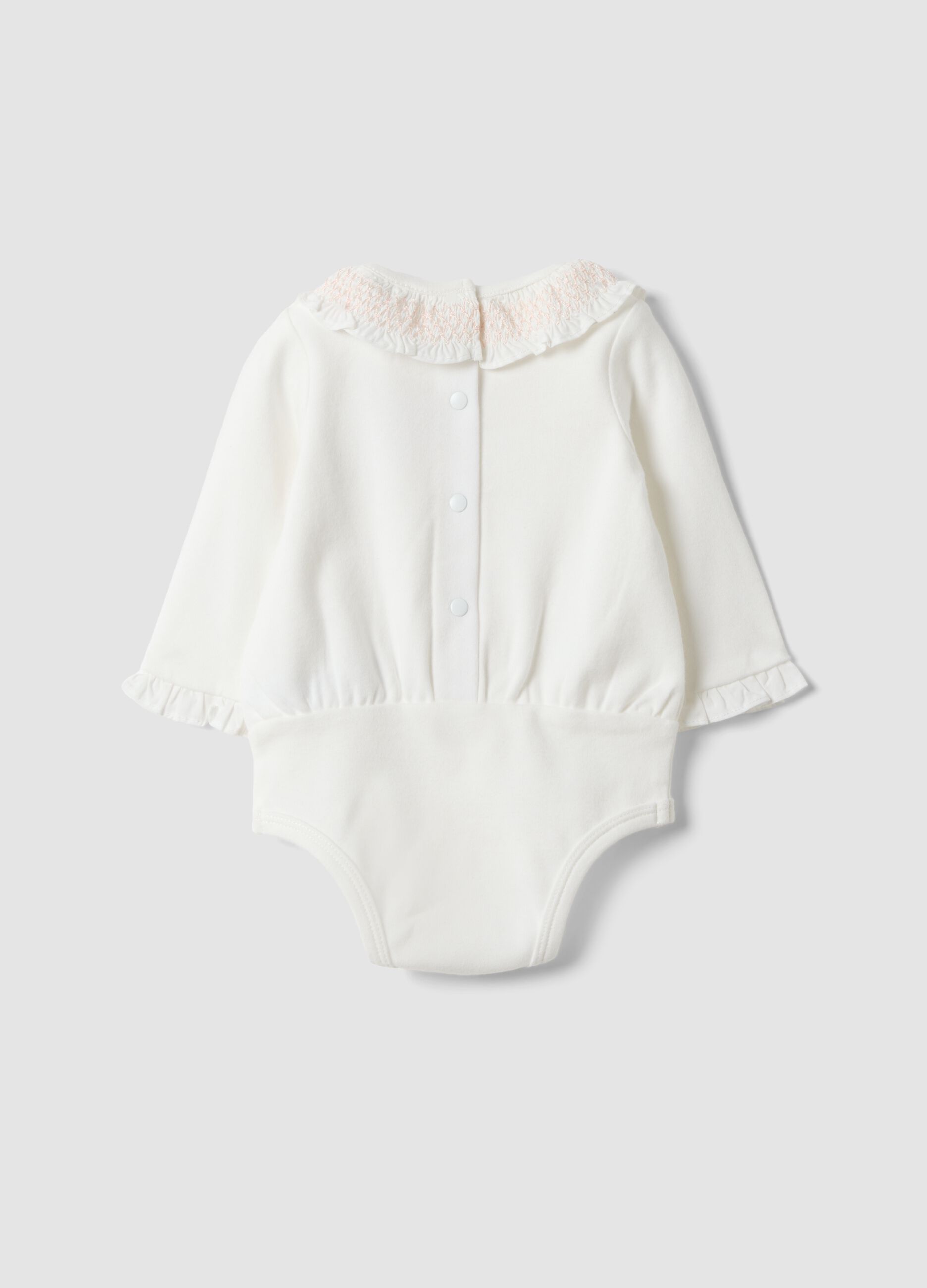 White baby girl bodysuit with pure organic cotton collar