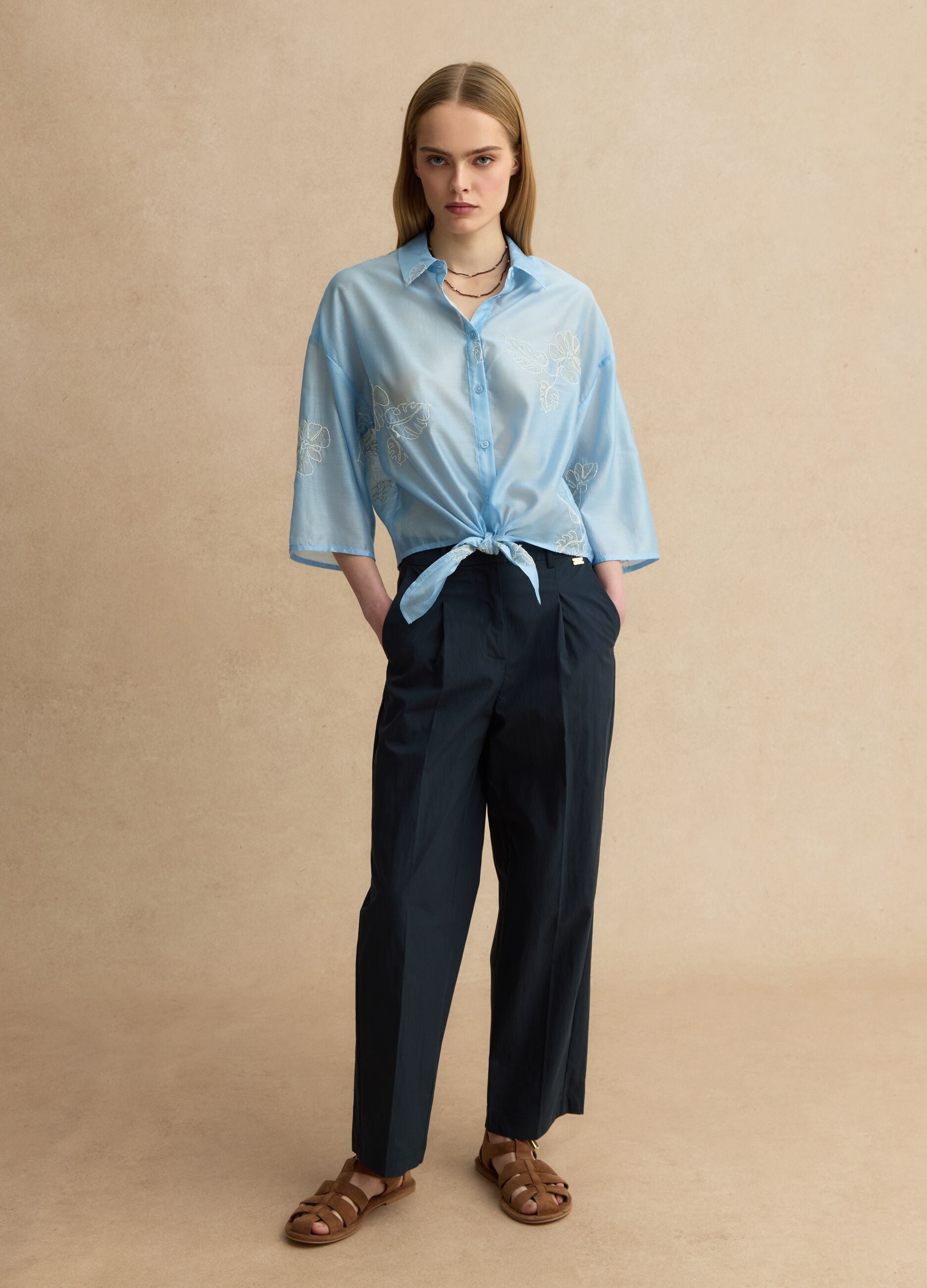 Regular fit blue lyocell blend shirt with floral embroidery