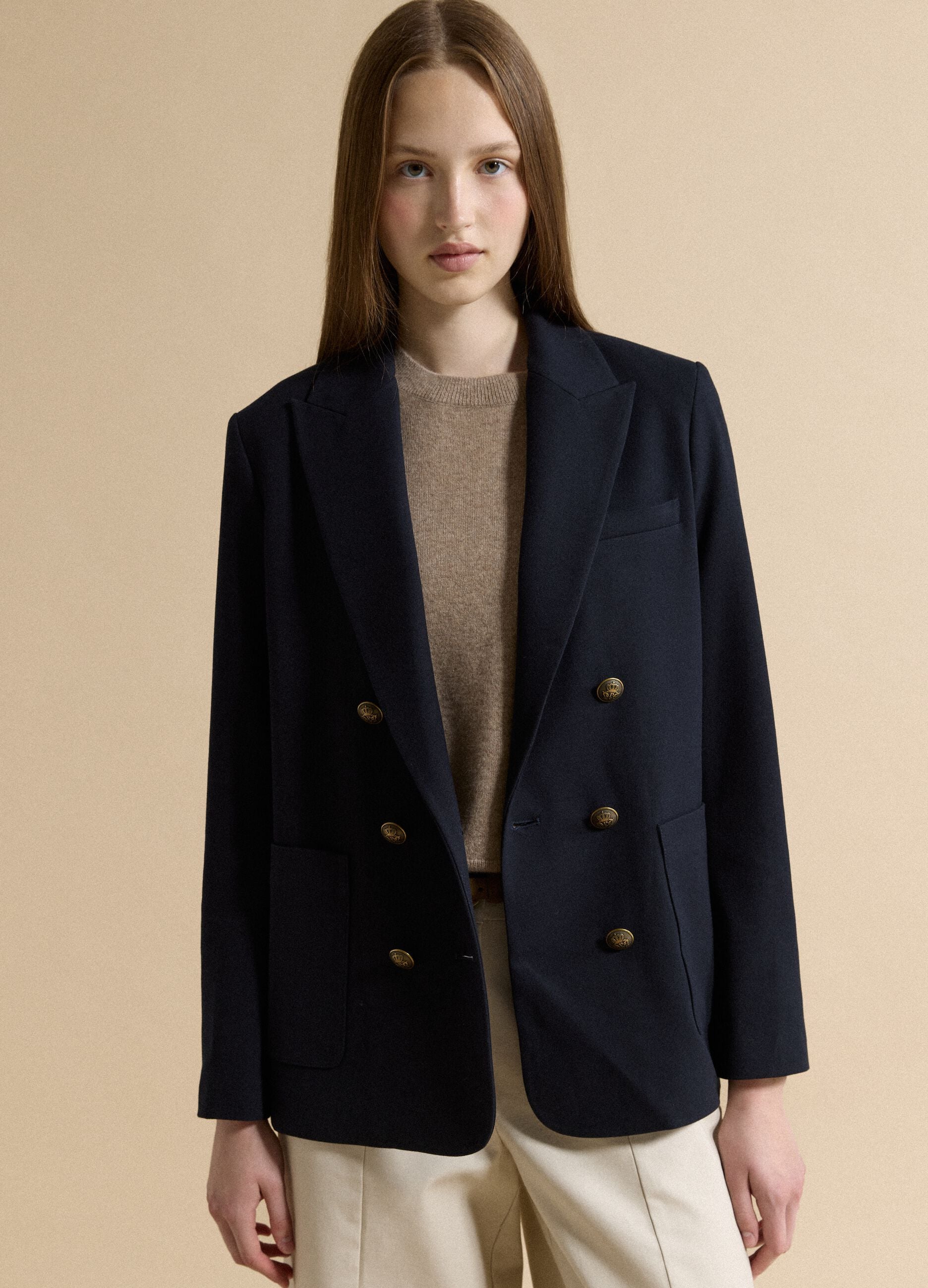 Blue stretch-viscose double-breasted blazer, regular fit