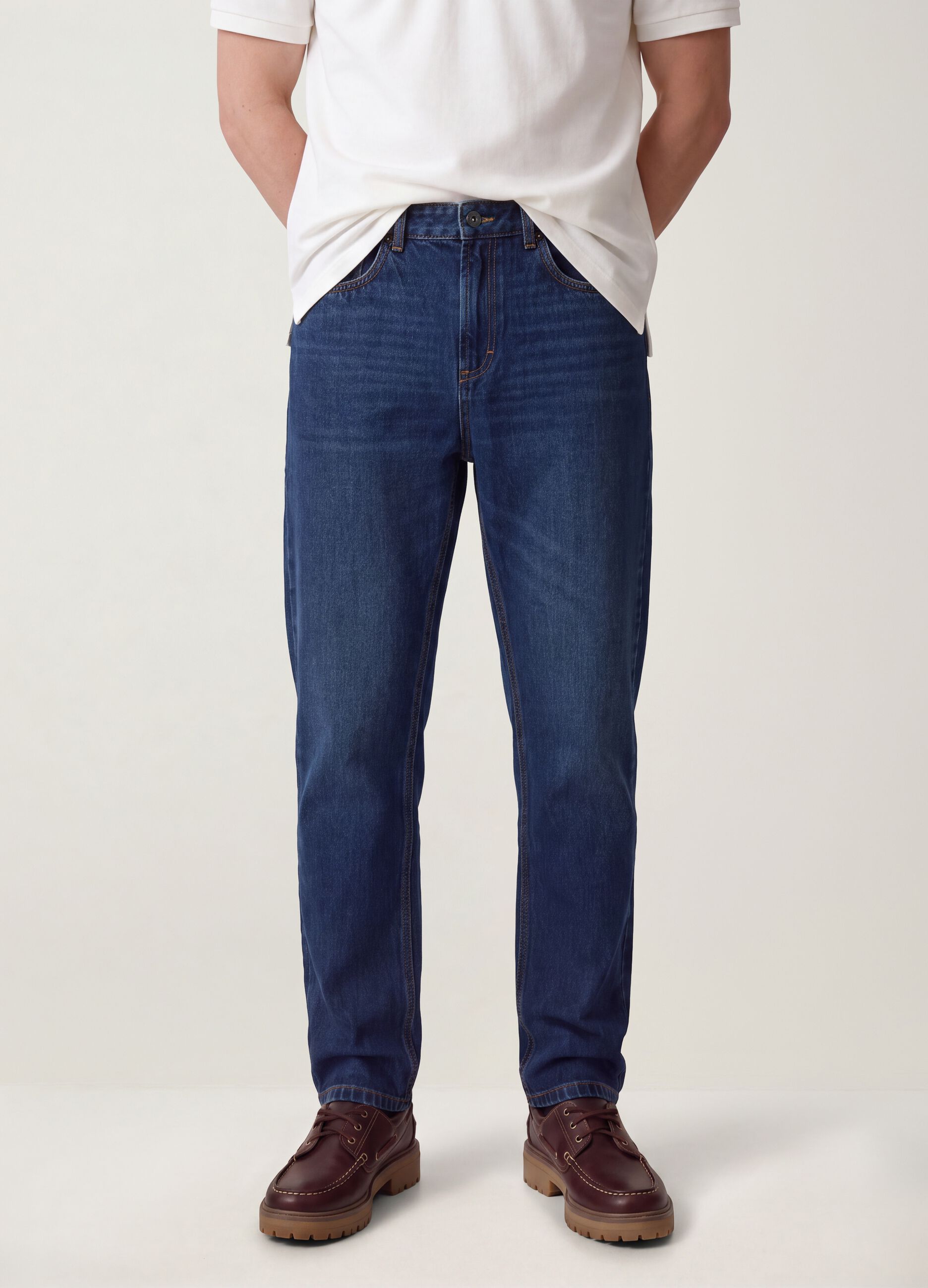Regular tapered pure cotton denim jeans