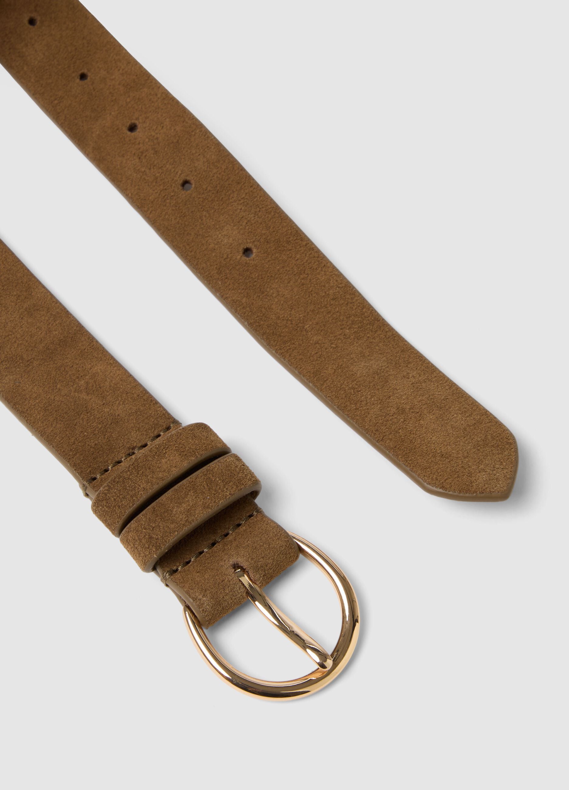 Brown genuine leather belt with golden buckle