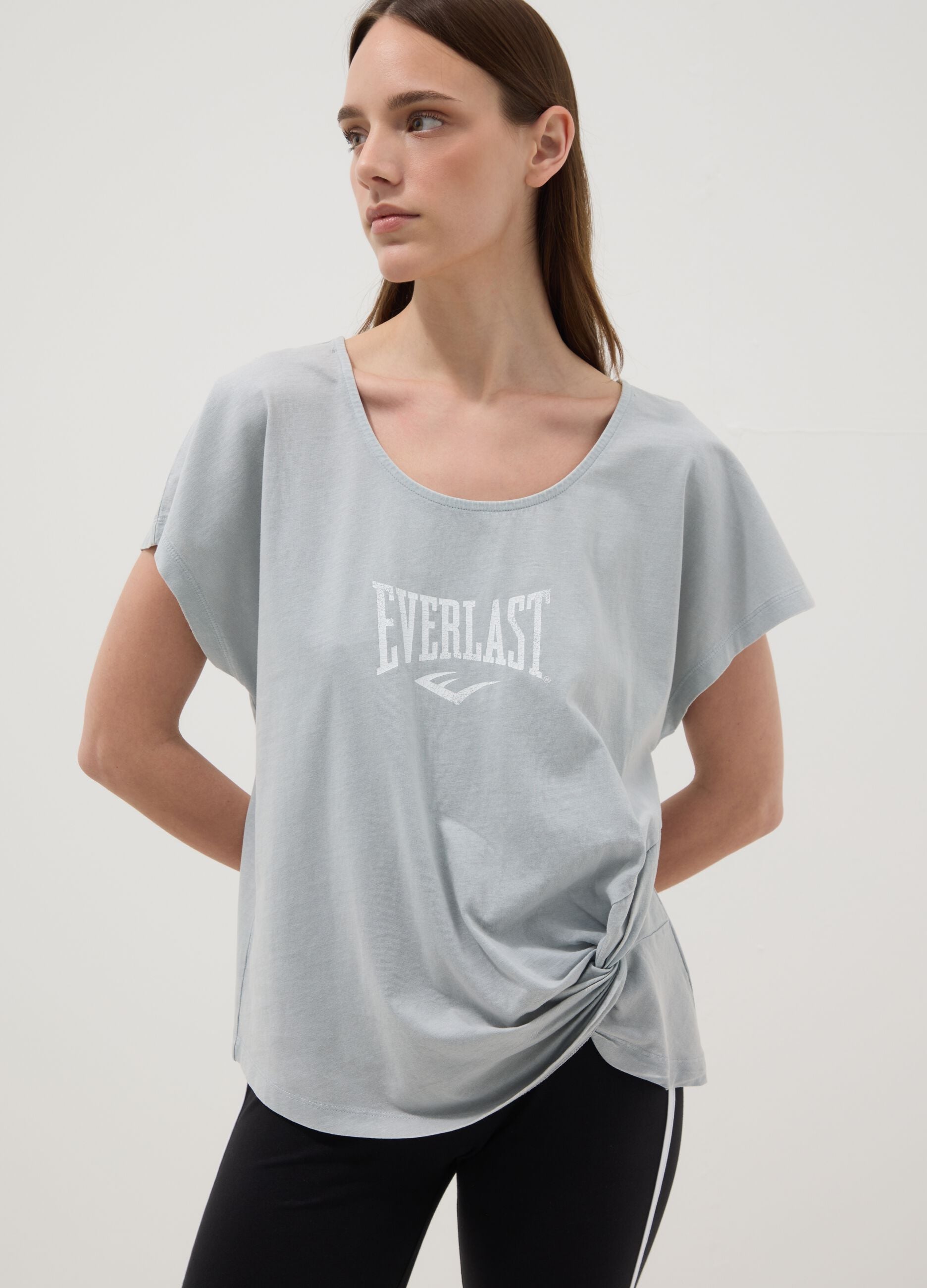 Grey pure cotton T-shirt with regular fit and knot detail