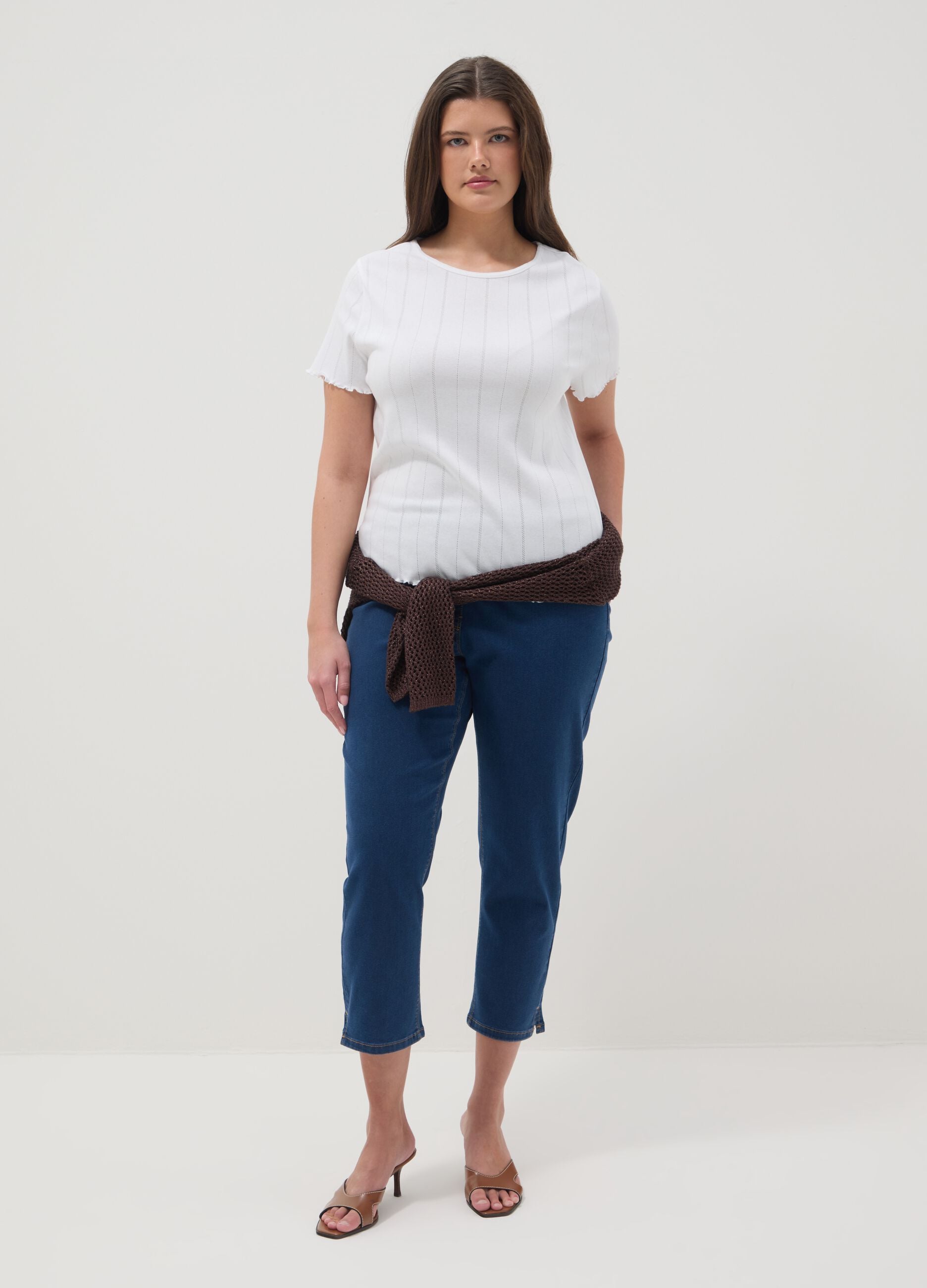 White pure cotton striped regular fit T-shirt