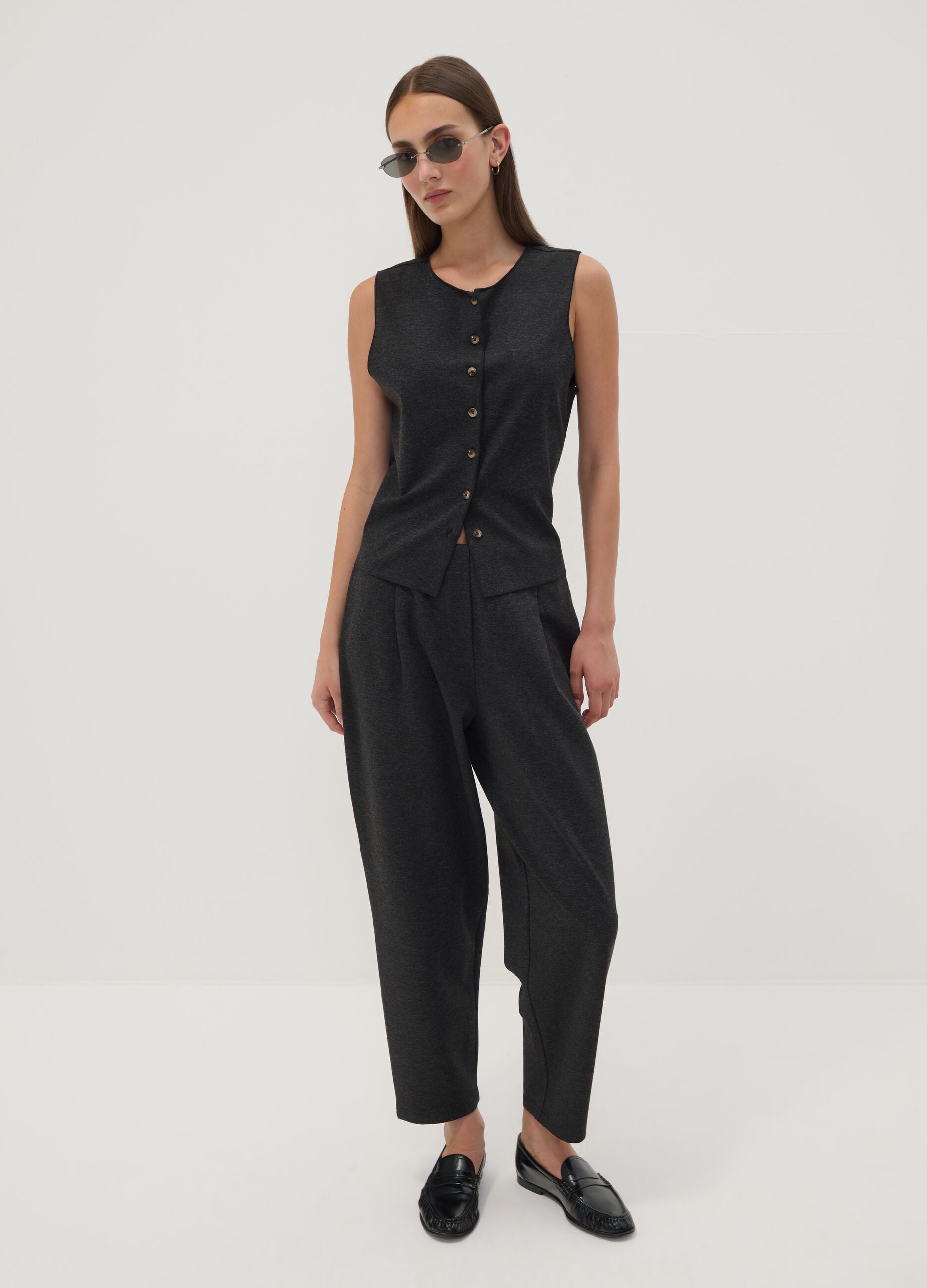 Black Milano-knit jogger trousers in stretch viscose, barrel fit