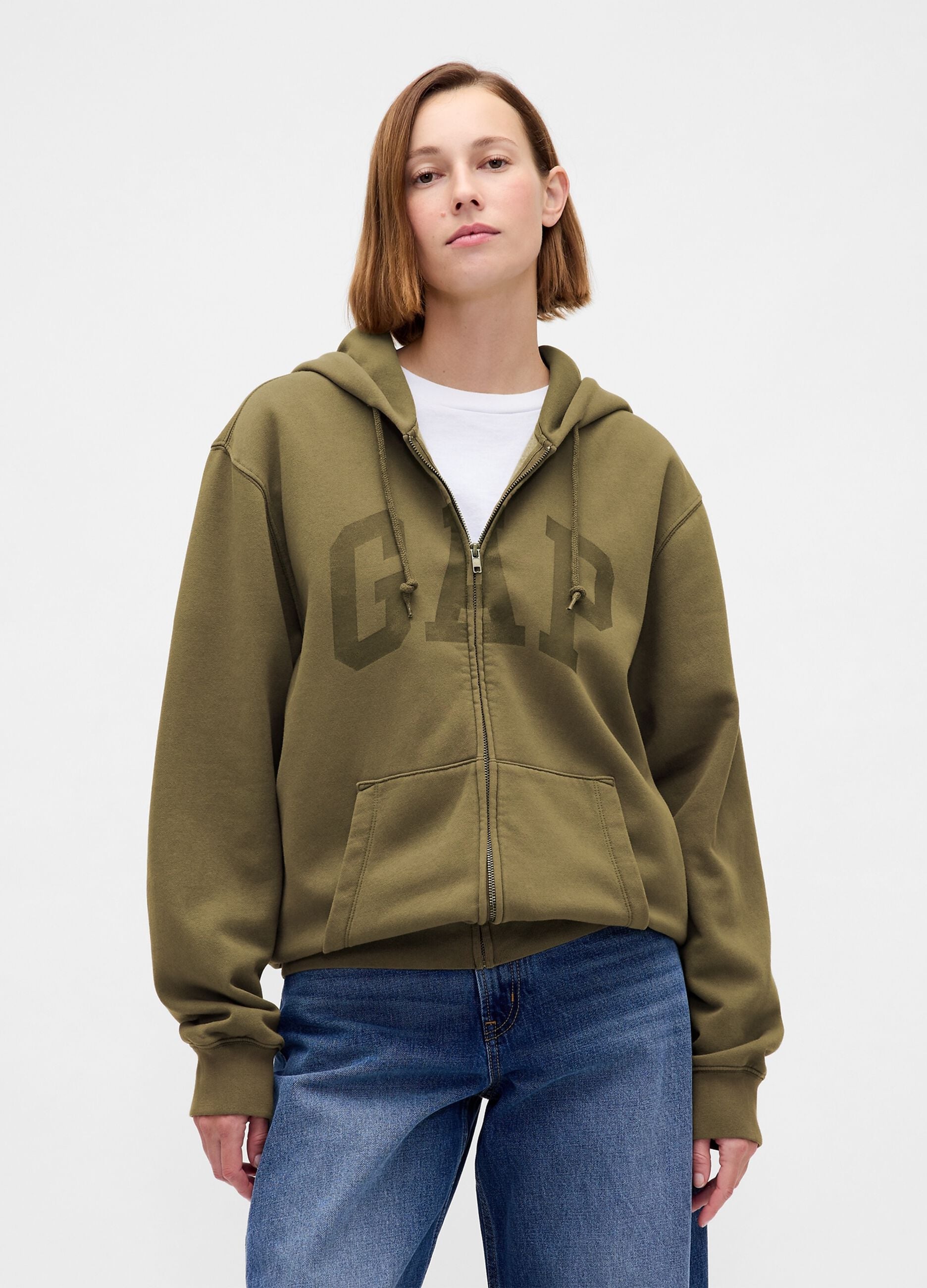 Green cotton blend zip-up hoodie