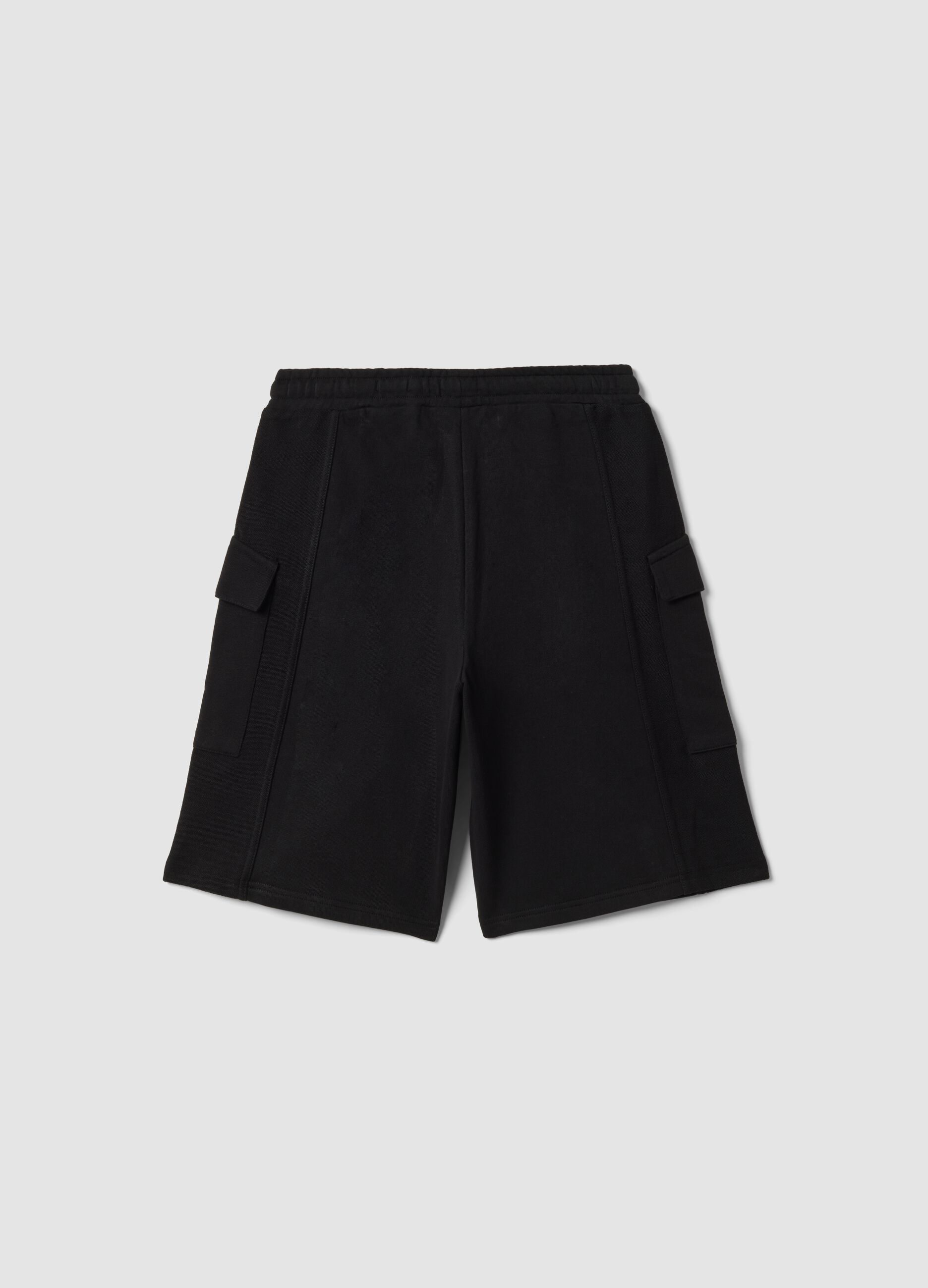 Black pure cotton cargo Bermuda shorts for boys, oversized fit