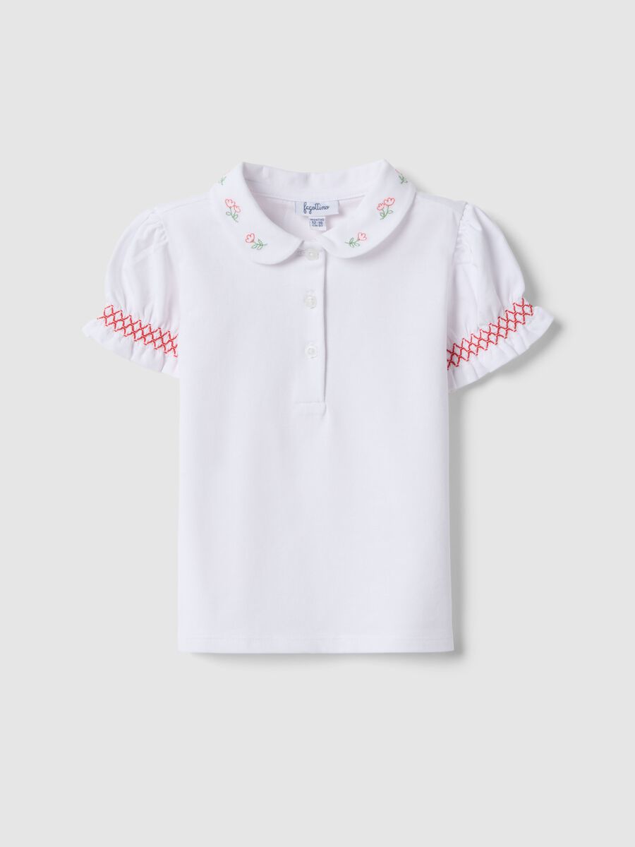 Polo in cotone elasticizzato bianca da bimba regular fit con ricami_0