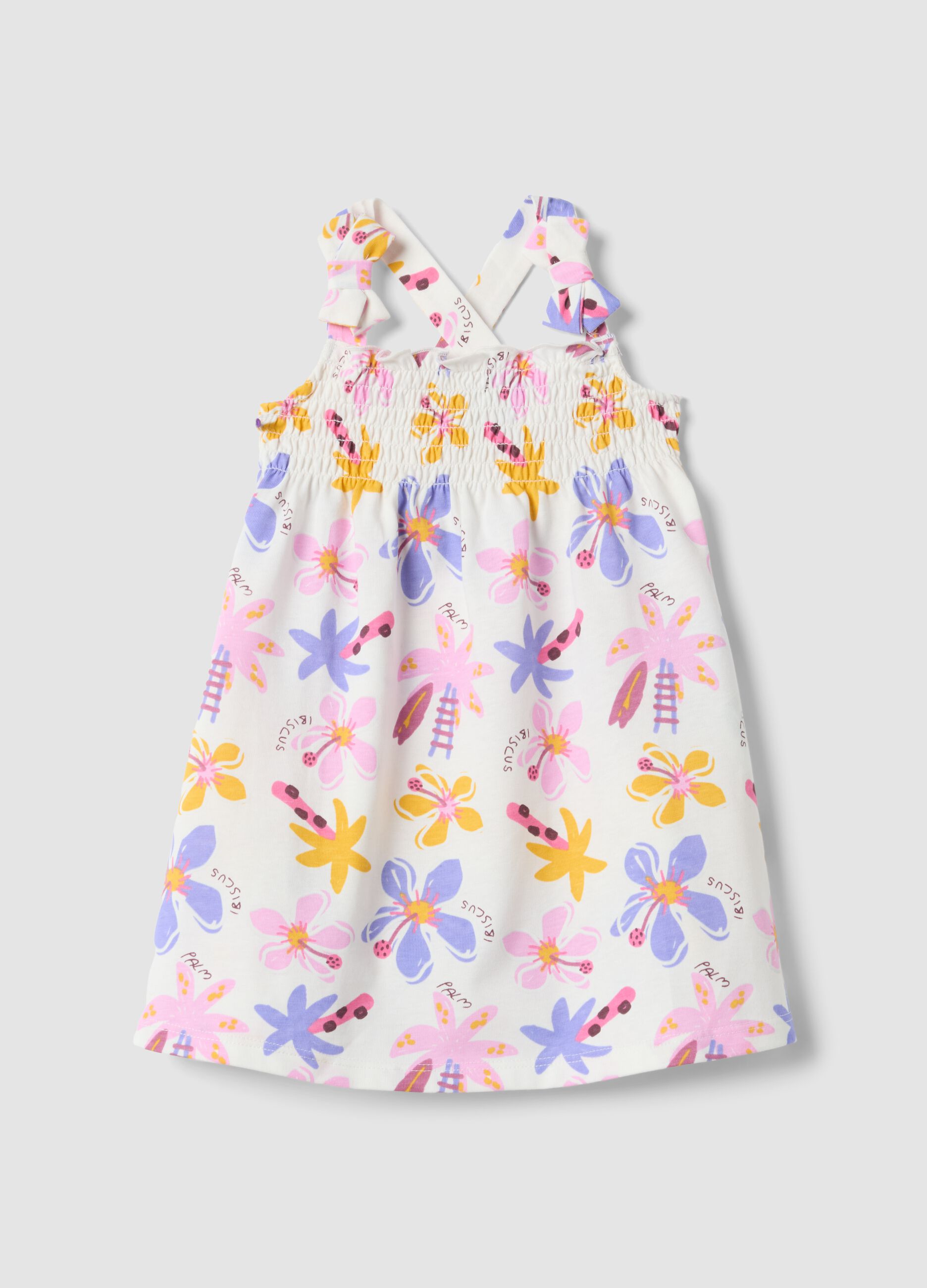 White pure cotton dress with floral print for baby girl