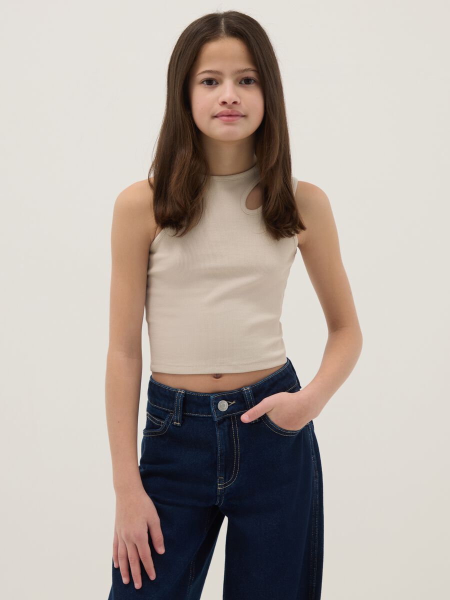 Canotta fitted in cotone elasticizzato beige da ragazza_0