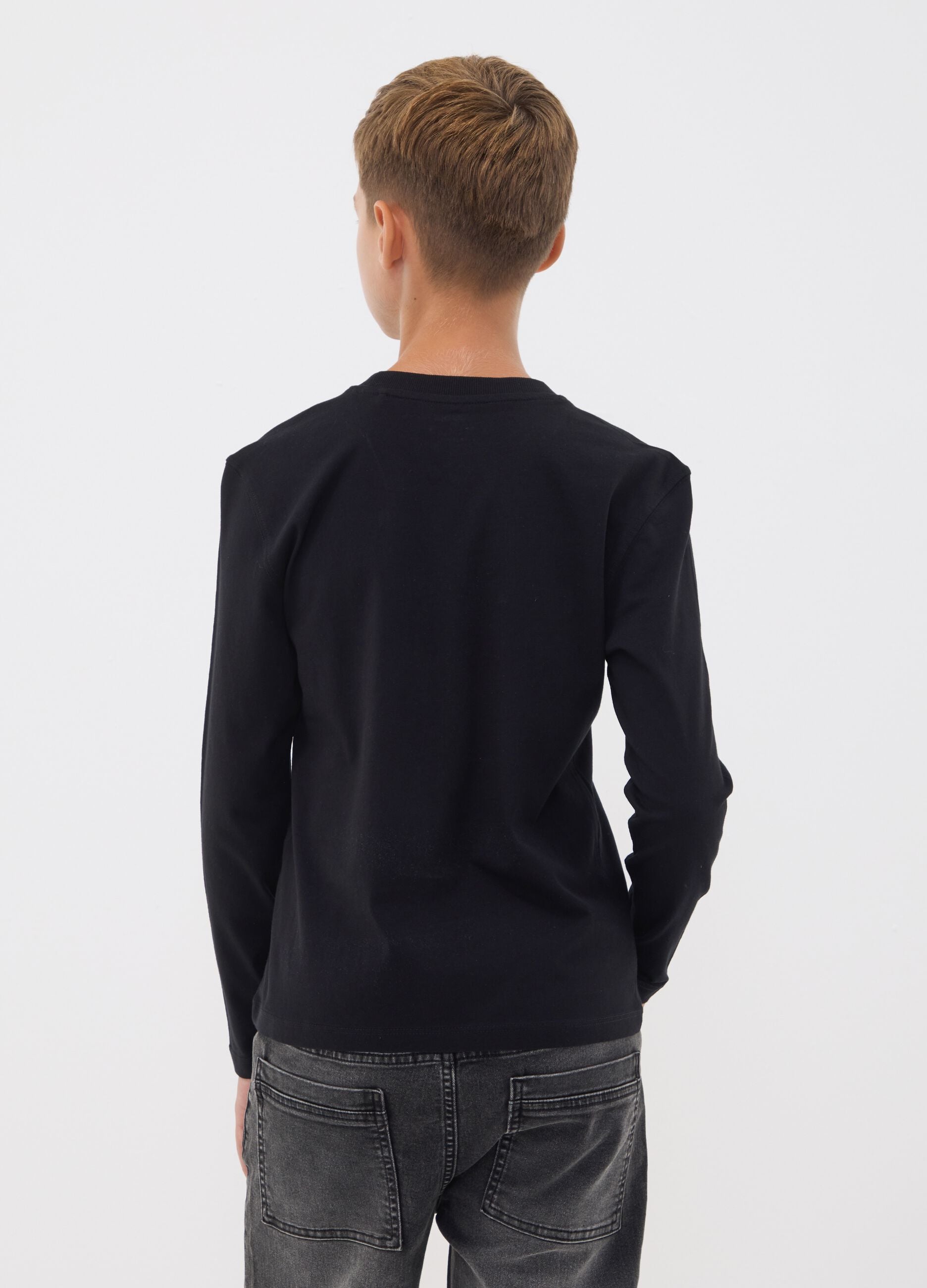 Black organic cotton crew-neck T-shirt with skull print for boys