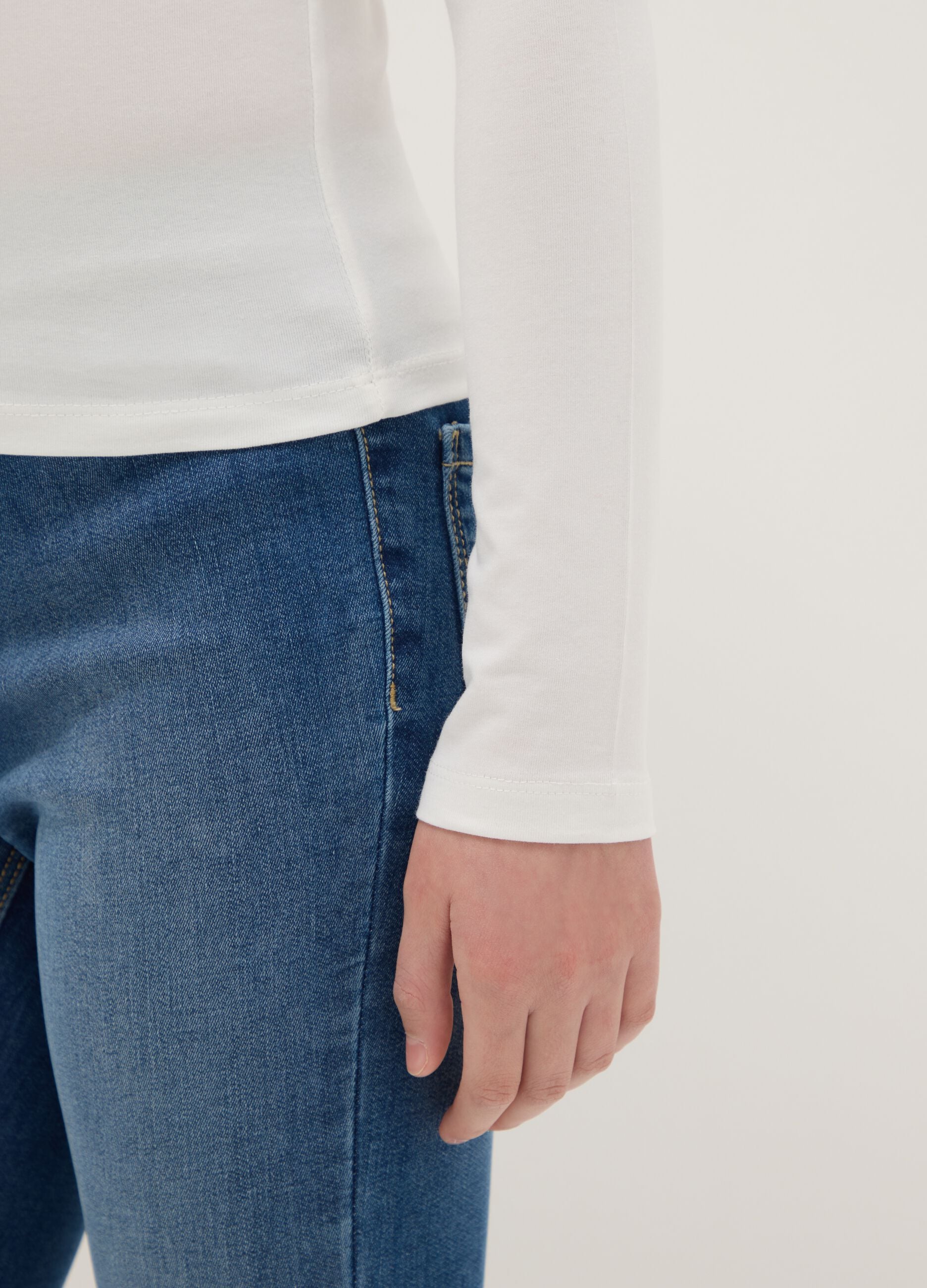 Girls' Slim Fit White Long Sleeve Cotton Blend Top