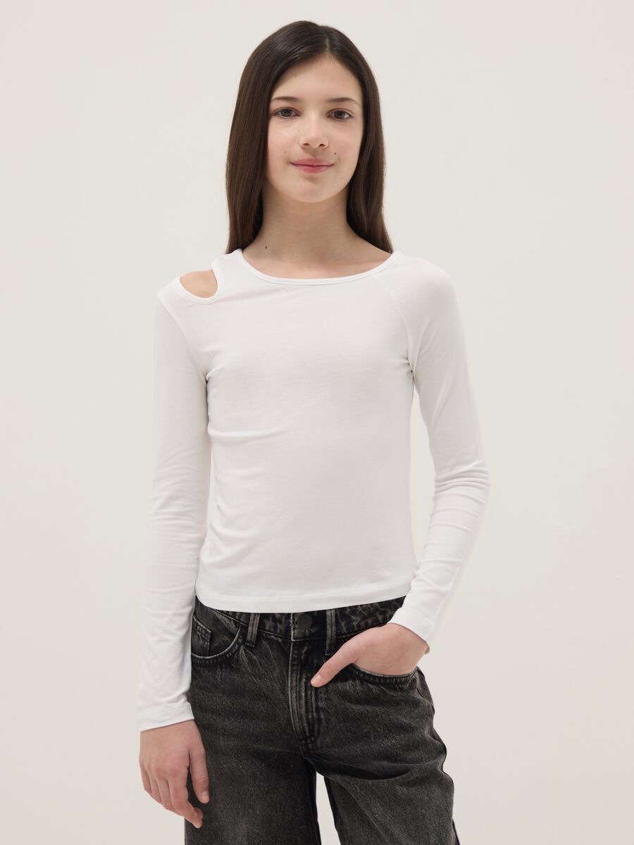Maglia in misto cotone bianca da ragazza slim fit con scollo a barca_0