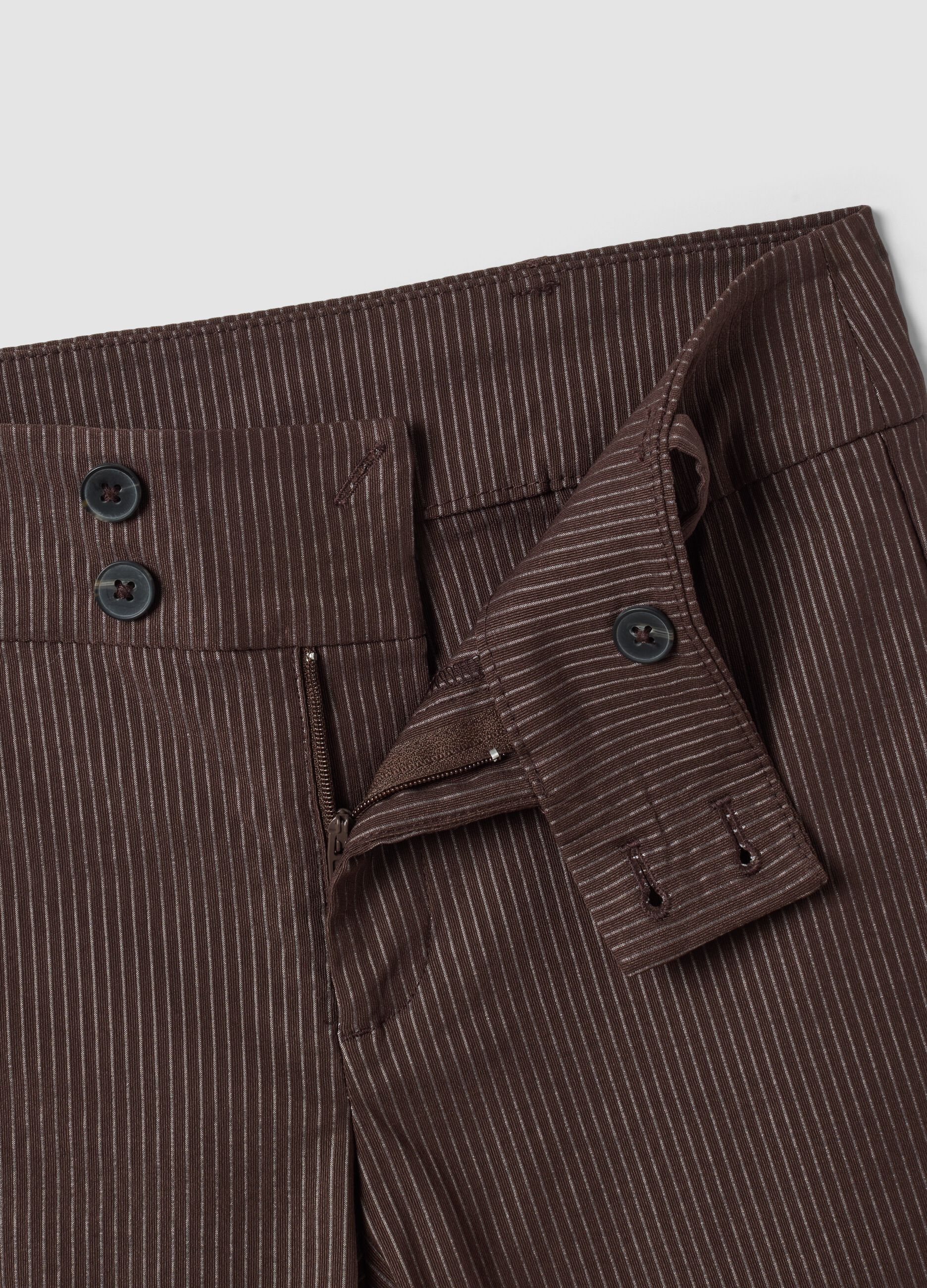 Brown flared trousers in stretch viscose with pinstripe pattern