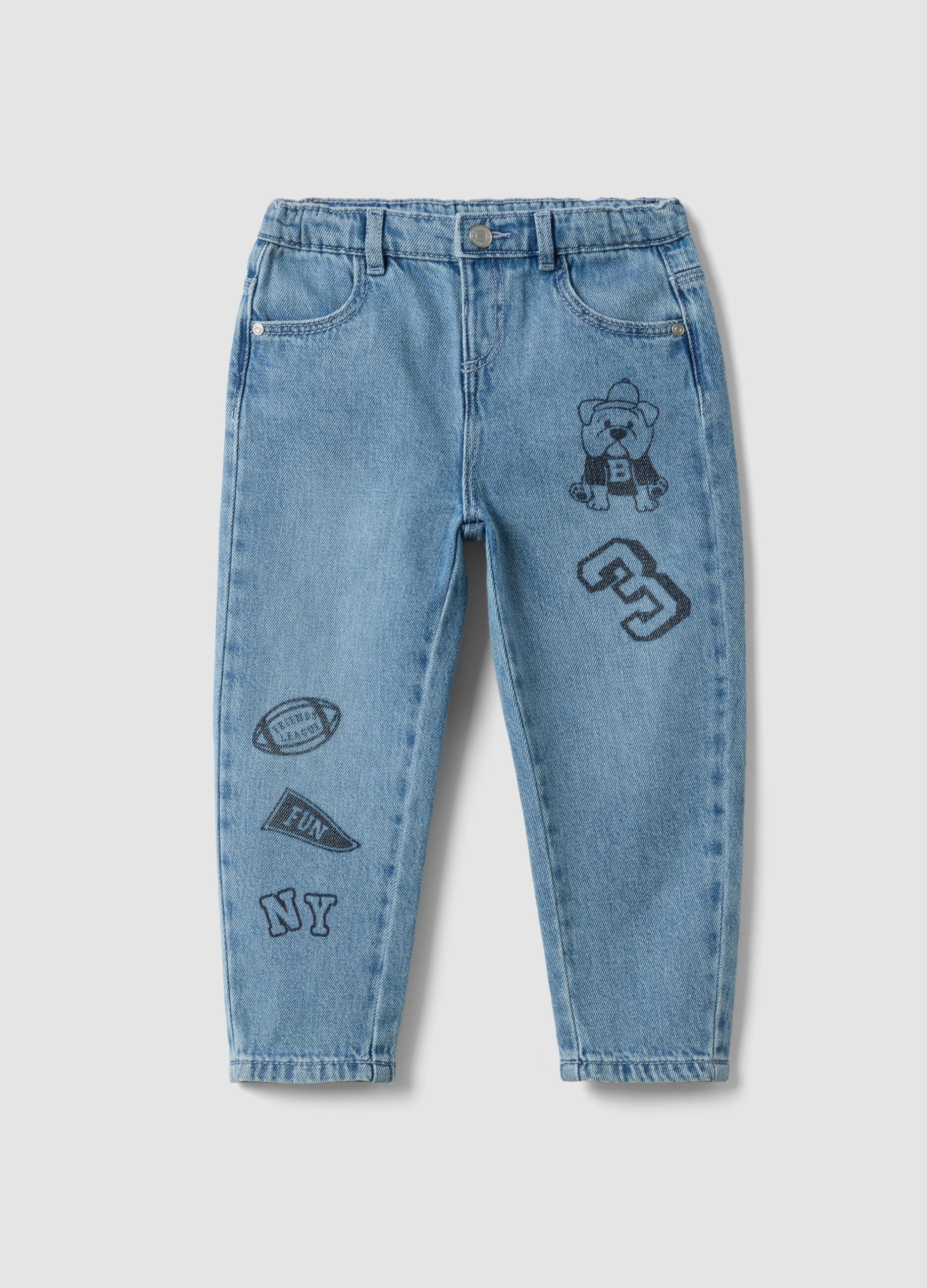 Light blue cotton-viscose blend denim jeans with college-style prints