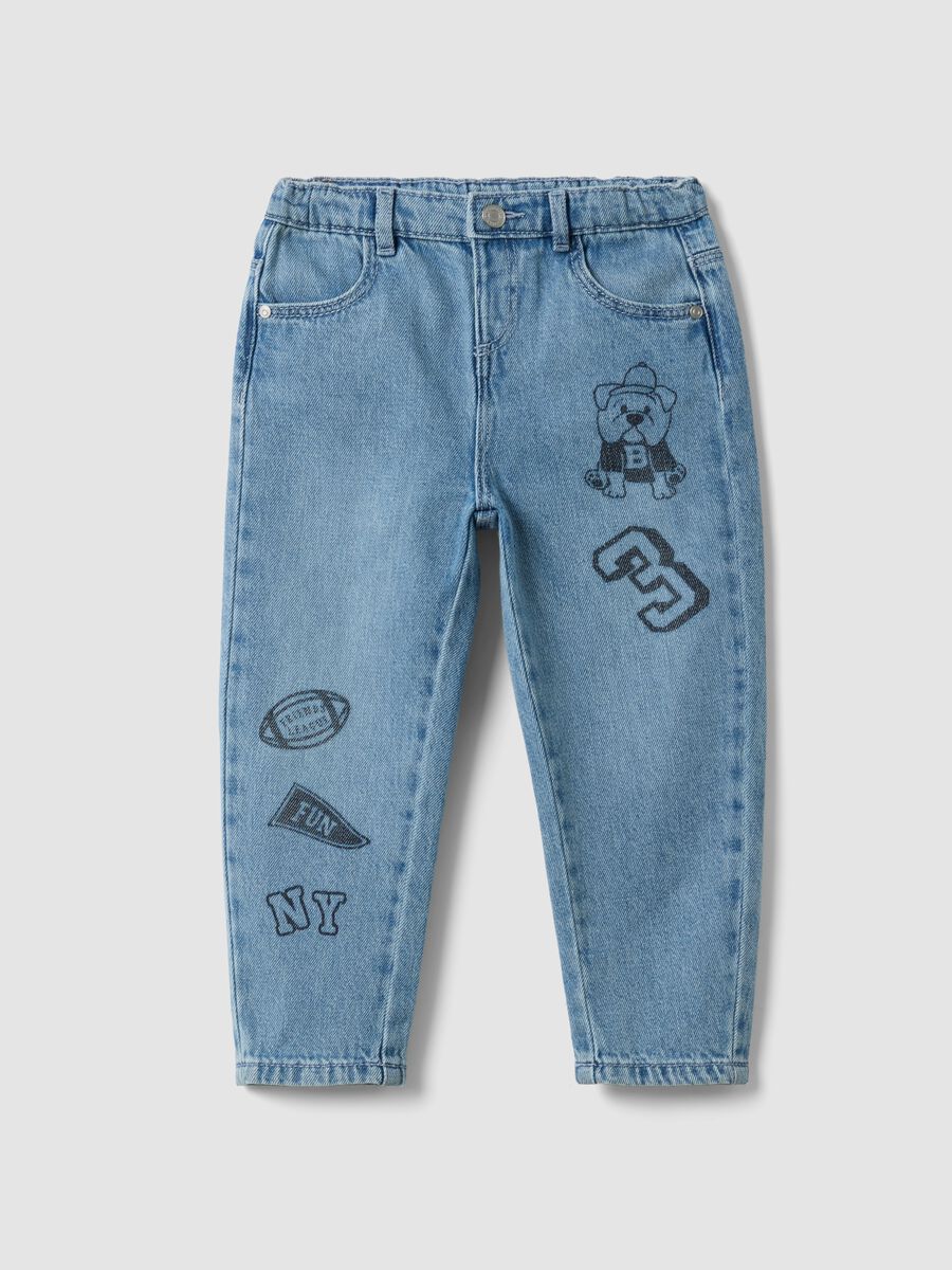 Light blue cotton-viscose blend denim jeans with college-style prints_0