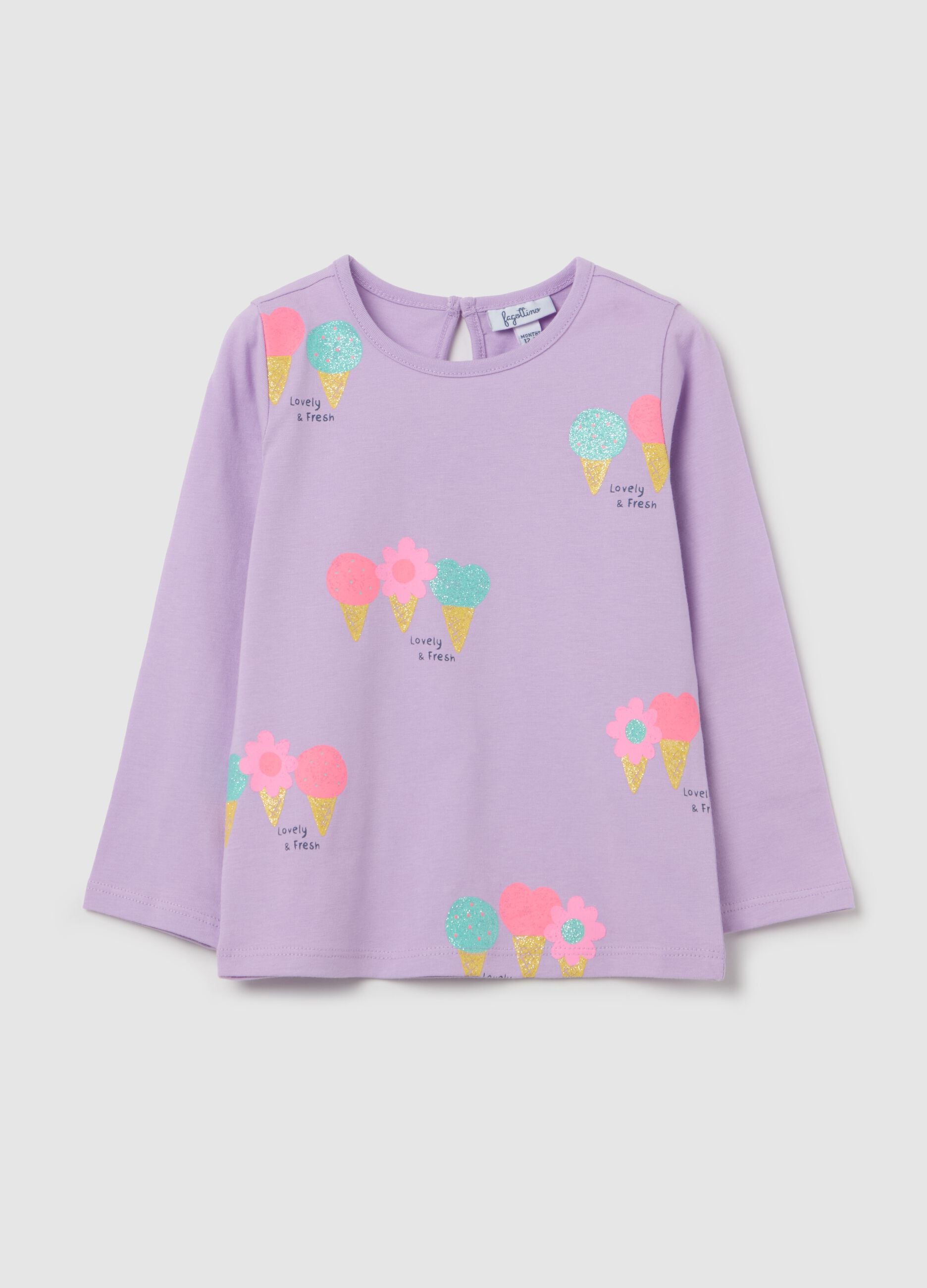 Long-sleeved T-shirt with glitter ice cream print