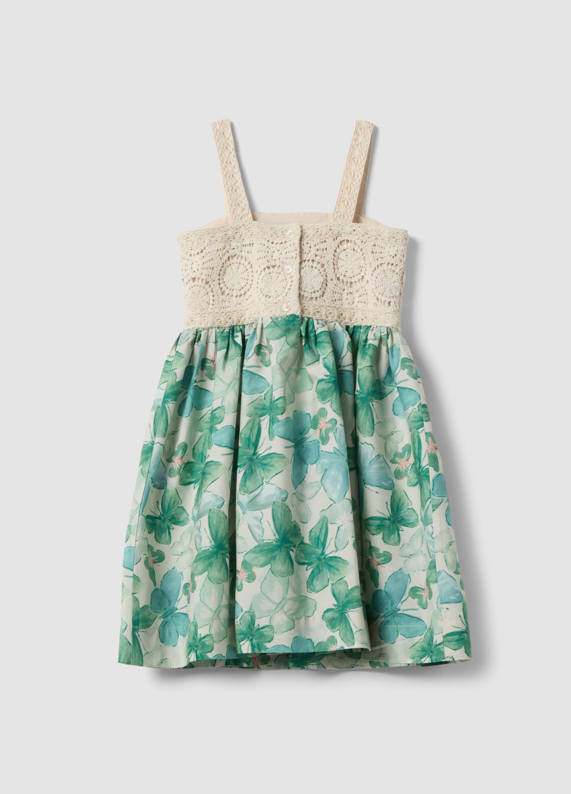 Pure cotton dress with crochet details and floral print