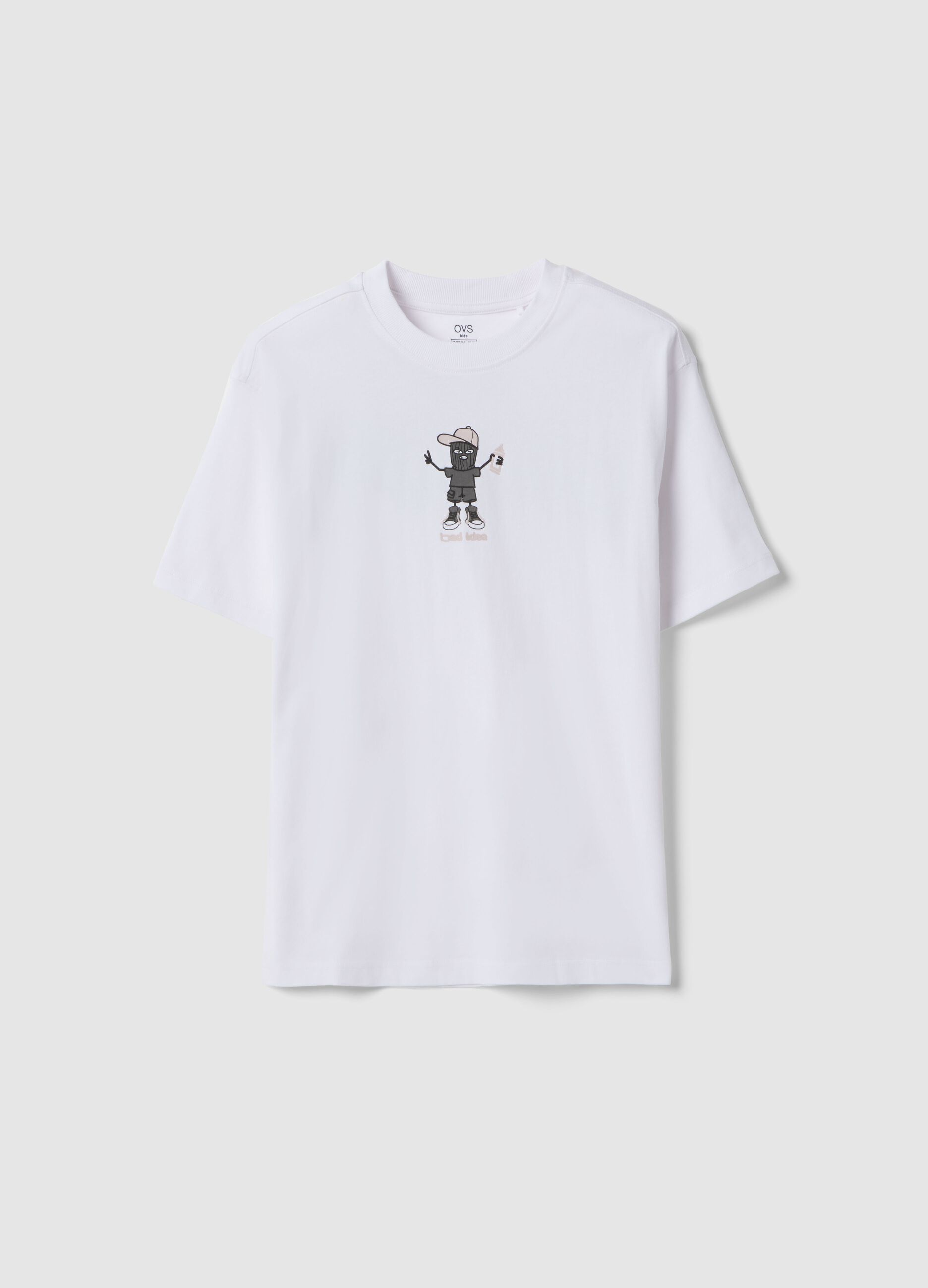T-shirt in puro cotone bianco da ragazzo oversize fit con stampa