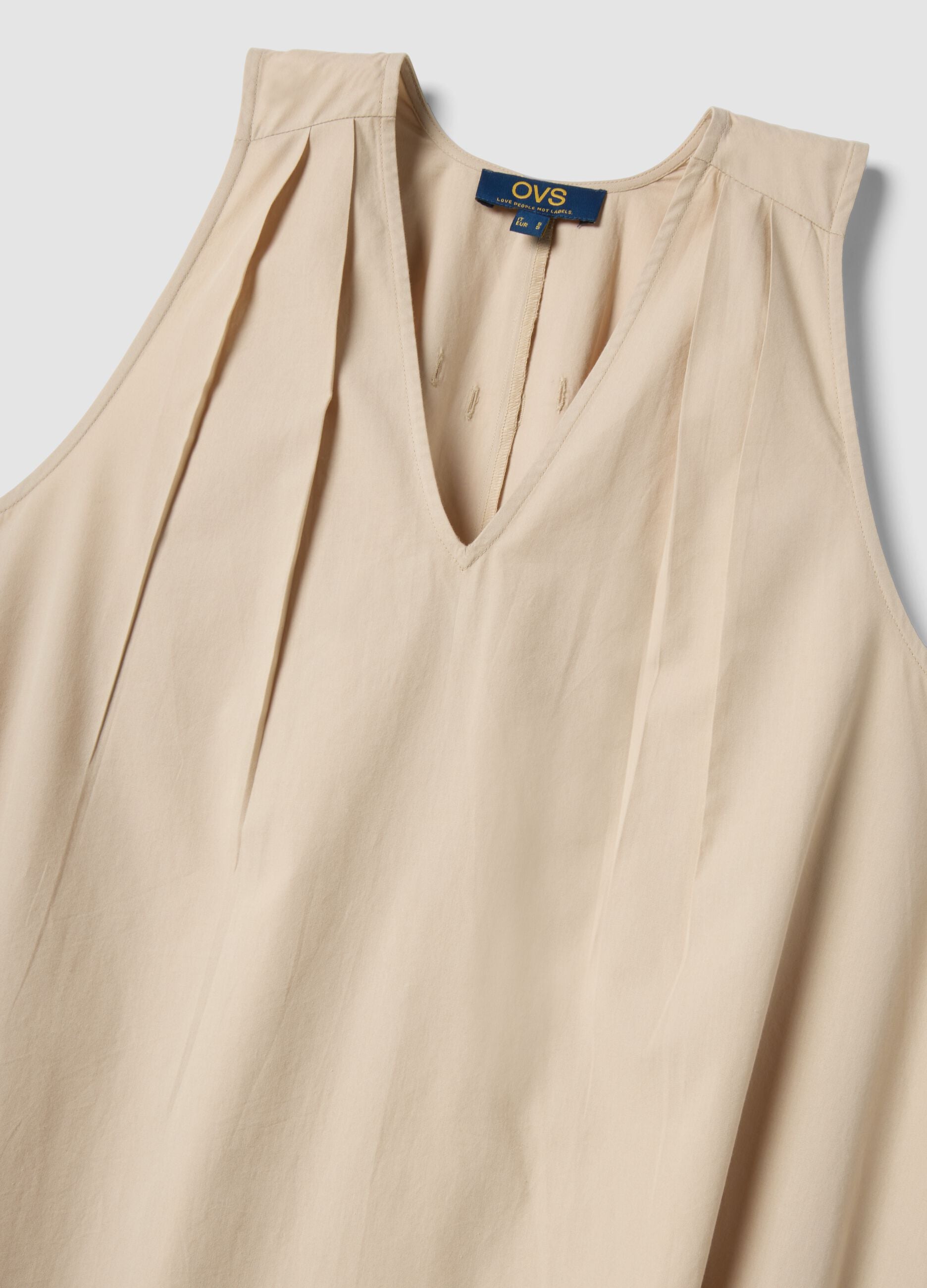 Beige midi dress in pure cotton with V-neck