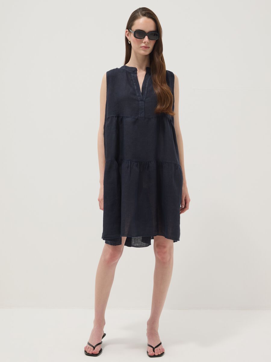 Blue sleeveless pure linen dress, regular fit_0