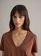 Short-sleeve brown pure cotton T-shirt, regular fit, deep V-neck_0