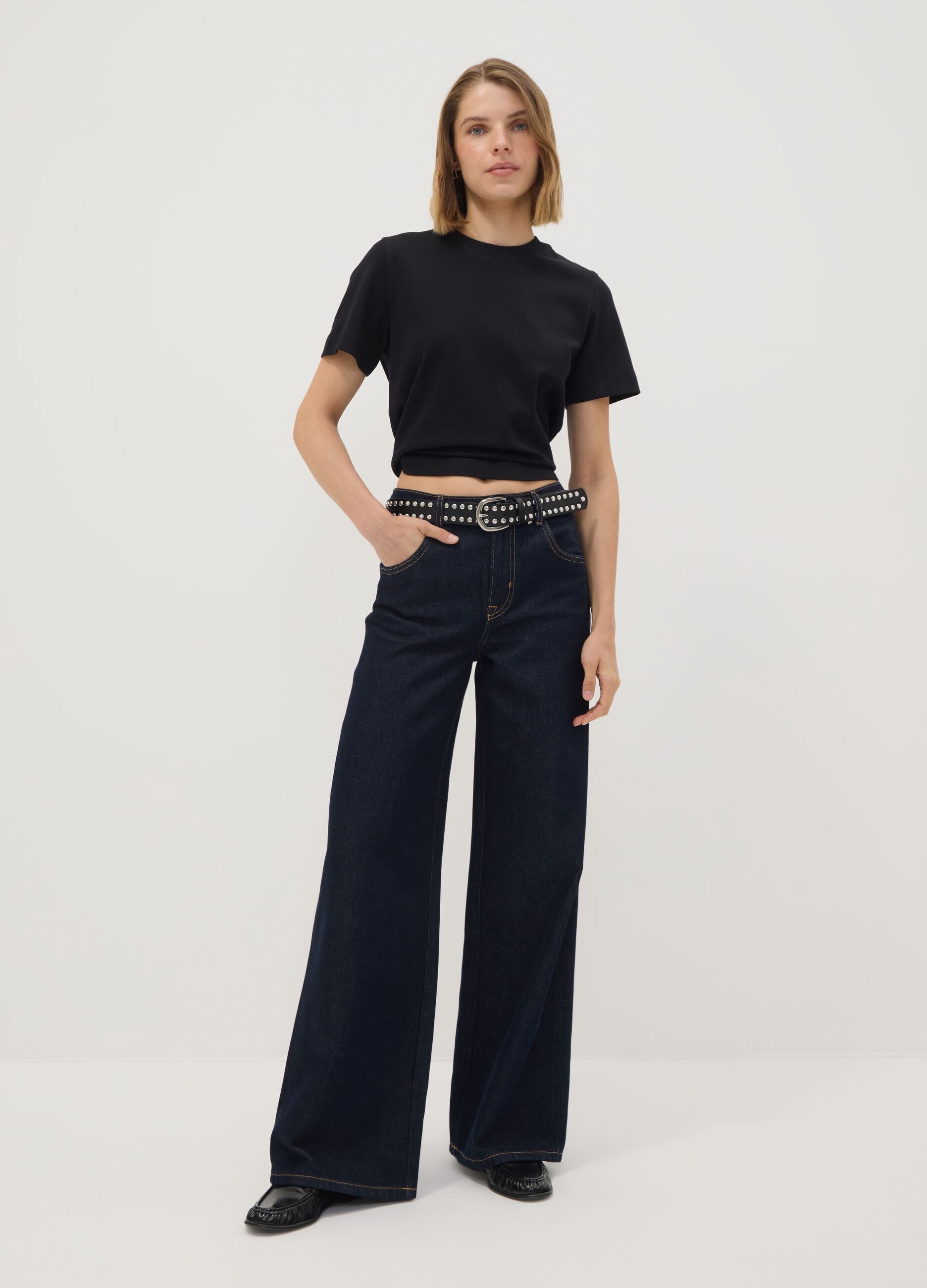 Blue denim bootcut jeans in cotton and lyocell blend