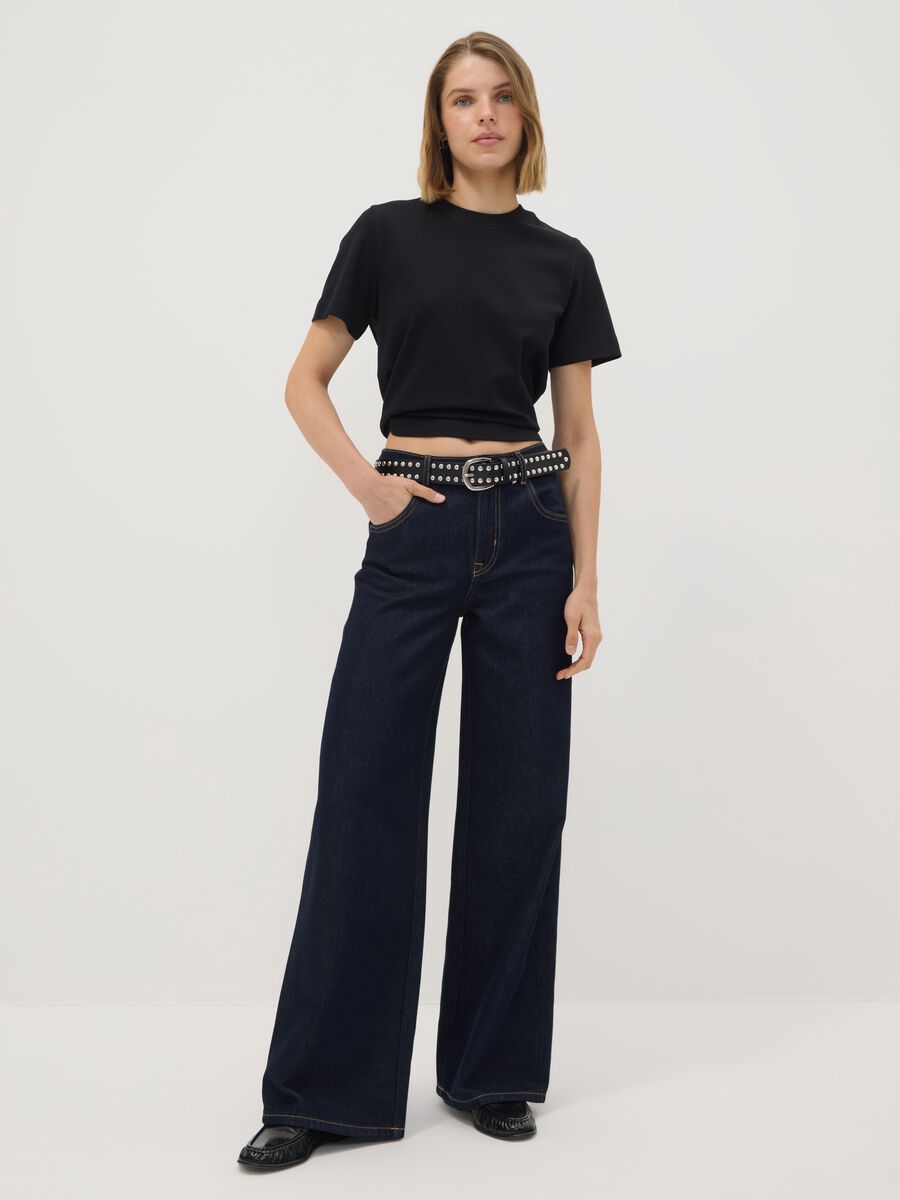 Blue denim bootcut jeans in cotton and lyocell blend_0