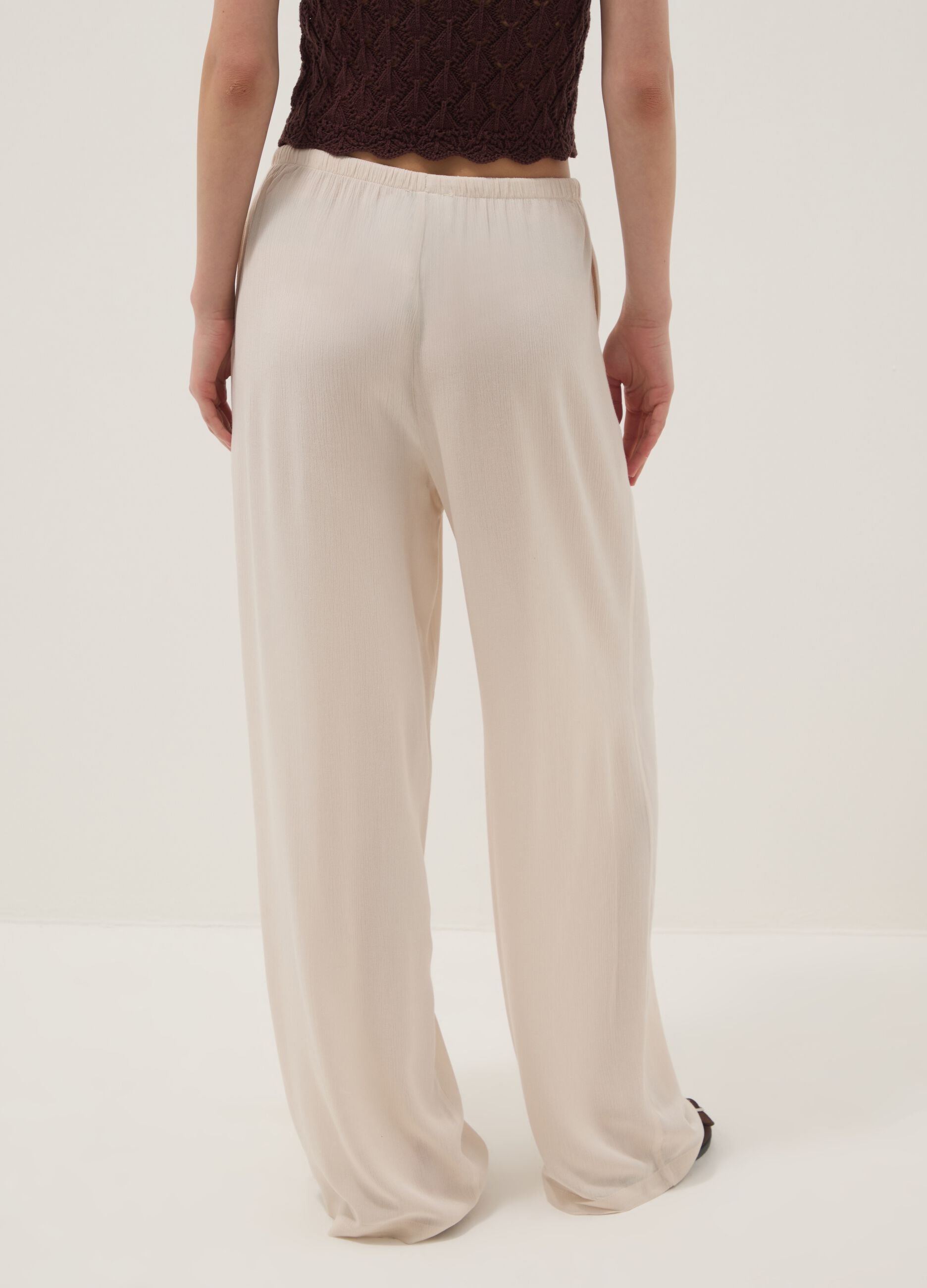 White pure viscose trousers with drawstring, relaxed fit