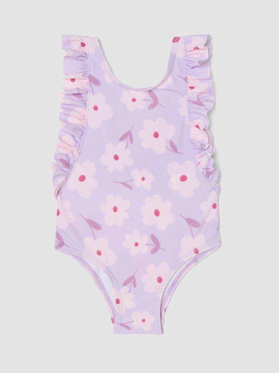 Costume intero viola in tessuto elasticizzato con volant_0