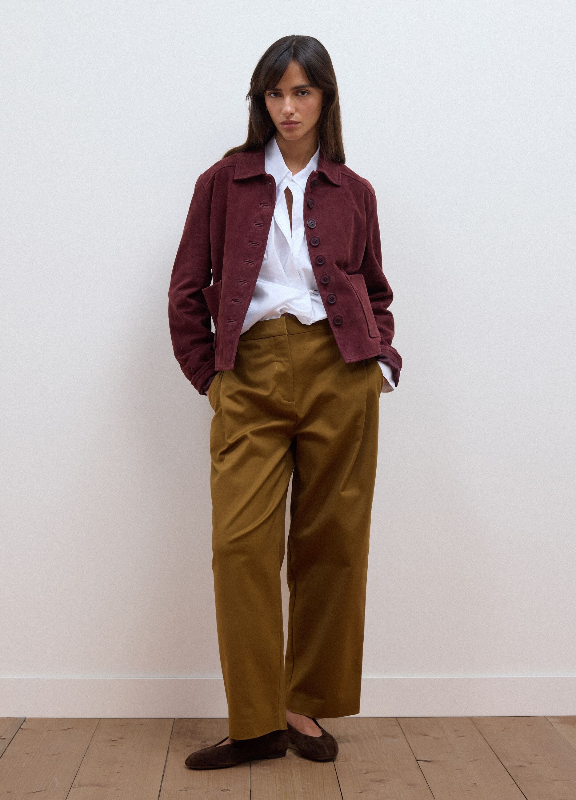 Brown stretch-cotton formal barrel-fit trousers