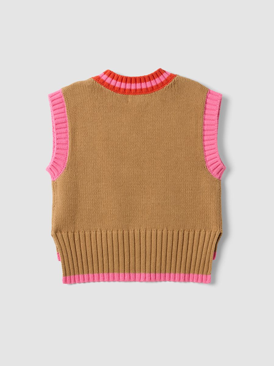 Brown cotton-blend V-neck gilet with contrast trim for girls_4